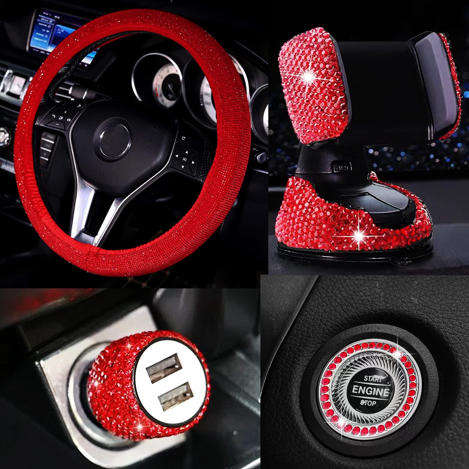 Bling Car Accessories Set for Women - 15 Inch Universal Rhinestone Steering Wheel Cover, Diamond USB Car Charger & Phone Holder - 5 Piece Luxury Car Decor Kit for Parties, Travel & Everyday Glam