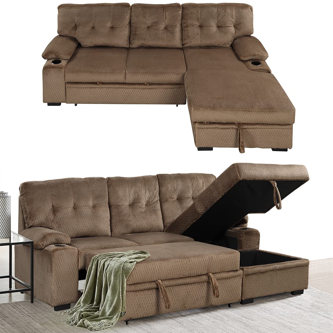 Modern L-Shaped Sectional Sofa Bed with Storage Chaise, Reversible Upholstered Couch with Pull-Out Bed & Cup Holders - Perfect for Small Space Living Rooms, Apartments and Home Theater Seating