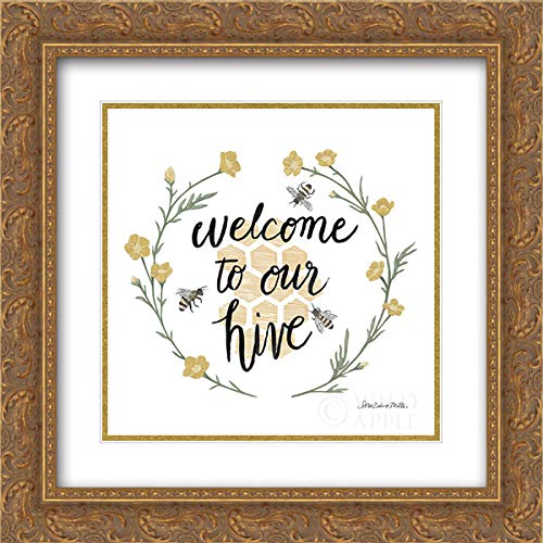 Happy to Bee Home III Welcome - 15x15 Gold Ornate Framed & Double Matted Museum Art Print by Sara Zieve Miller | Perfect for Home Decor, Living Room Wall Art, Housewarming Gift