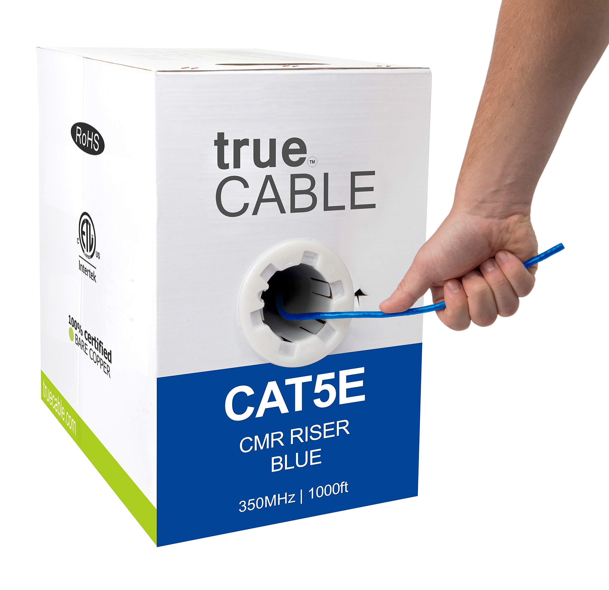trueCABLE Cat5e Riser (CMR) 1000ft Blue Ethernet Cable - 24AWG 4 Pair Solid Bare Copper, 350MHz, PoE++ (4PPoE), ETL Listed, UTP Bulk Cable for Home & Office Networking, CCTV, VoIP, and High-Speed Internet