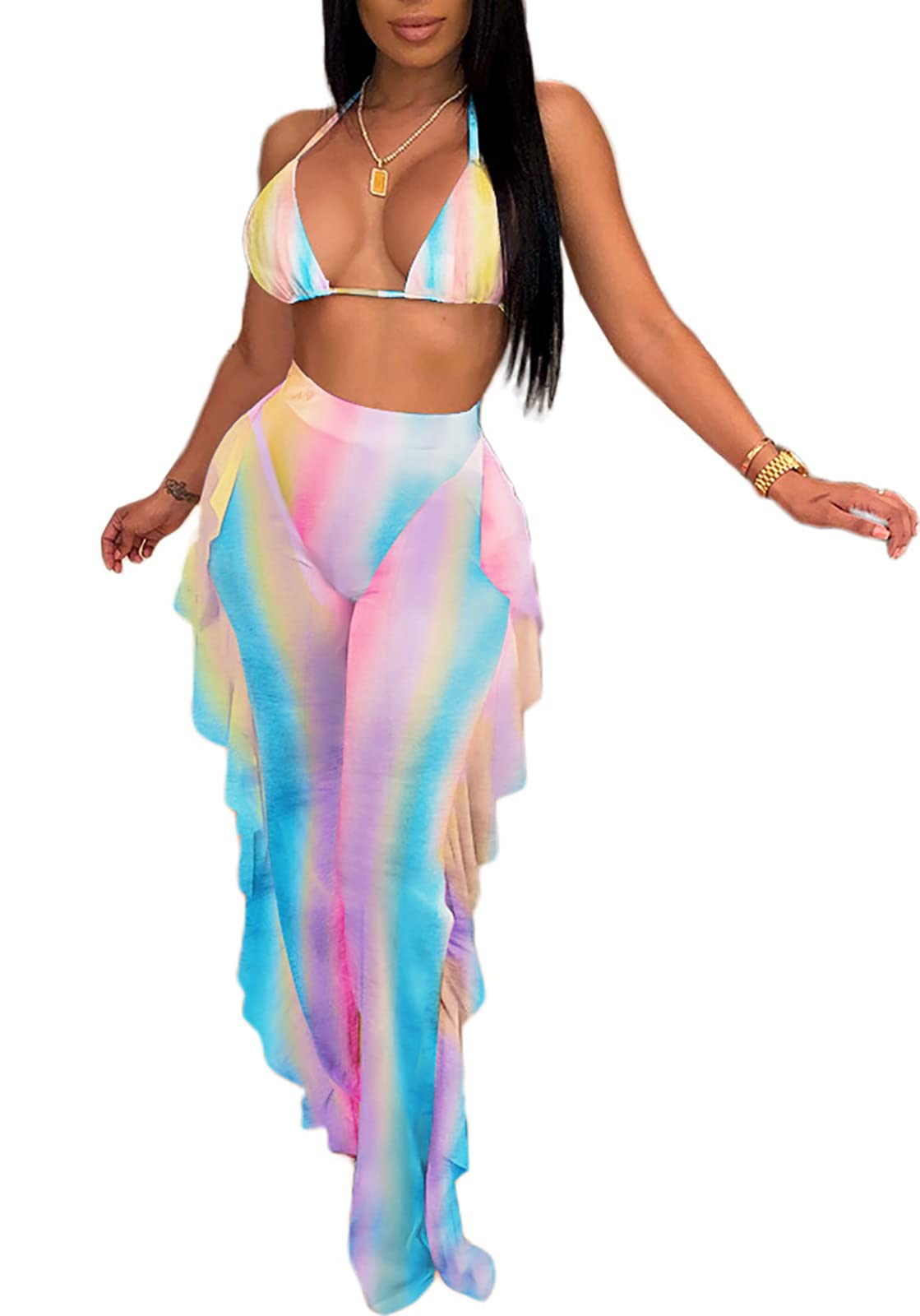 Sexy Women's Ruffle Bikini Set - Tie Dye Mesh See-Through Two Piece Beach Outfit for Summer Vacation, Pool Party & Tropical Getaway