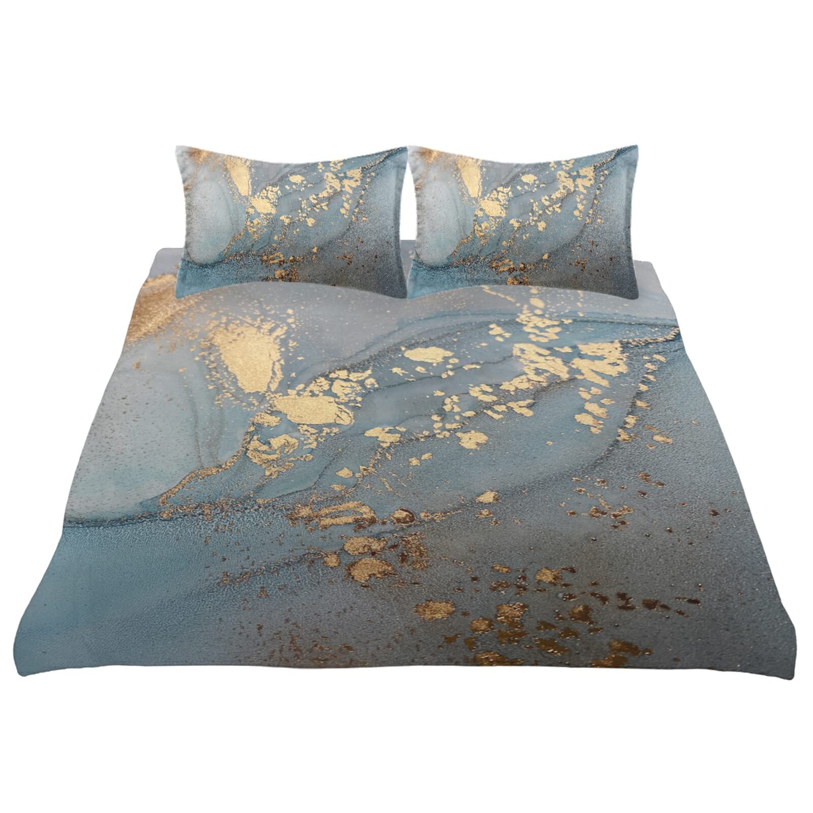 Poeticcity King Size 3-Piece Bedding Set - 100% Cotton Turquoise Blue Marble Duvet Cover with Gold Accents & Pillowcases | Luxury Bedspread for Master Bedroom, Guest Room & Hotel Decor
