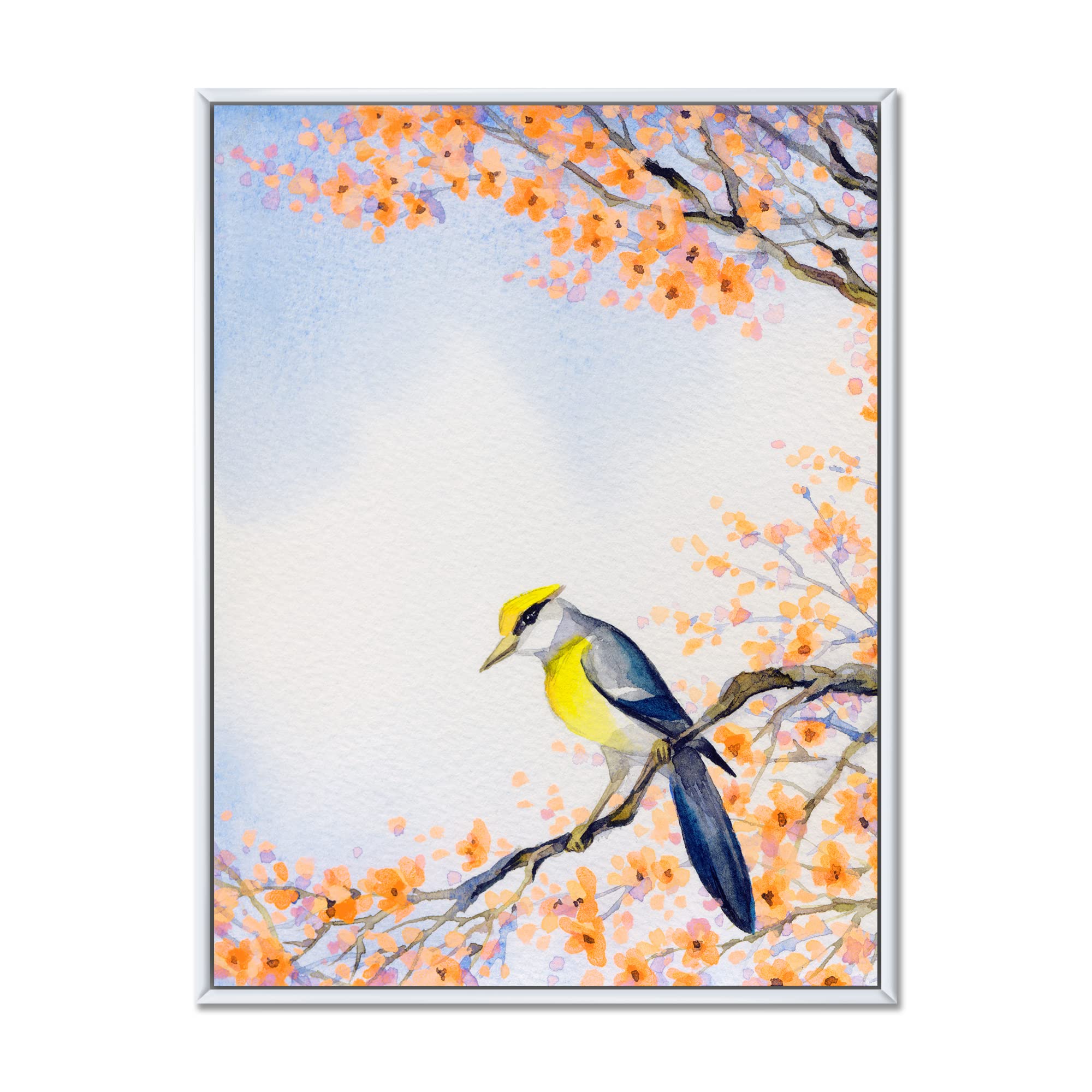 DesignQ Beautiful Blue Bird on Flowering Branch II - Traditional Framed Canvas Wall Art Print for Home & Office Decor | Nature-Inspired Wall Decor for Living Room, Bedroom, Dining Area