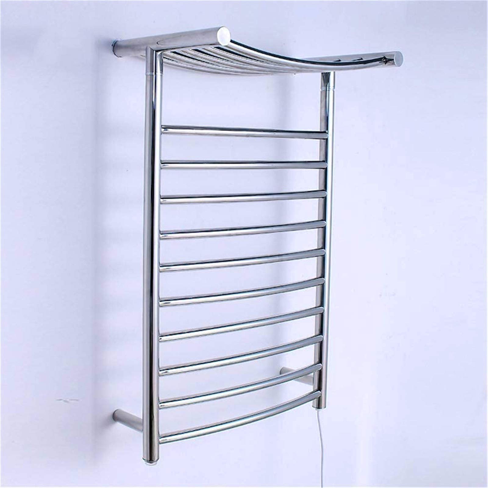XJZKA 10-Bar Stainless Steel Heated Towel Rail - Electric Towel Warmer & Drying Rack with Wall-Mounted Shelf, Mirror Polished Finish, Plug-in for Bathroom, Spa, and Luxury Home Use