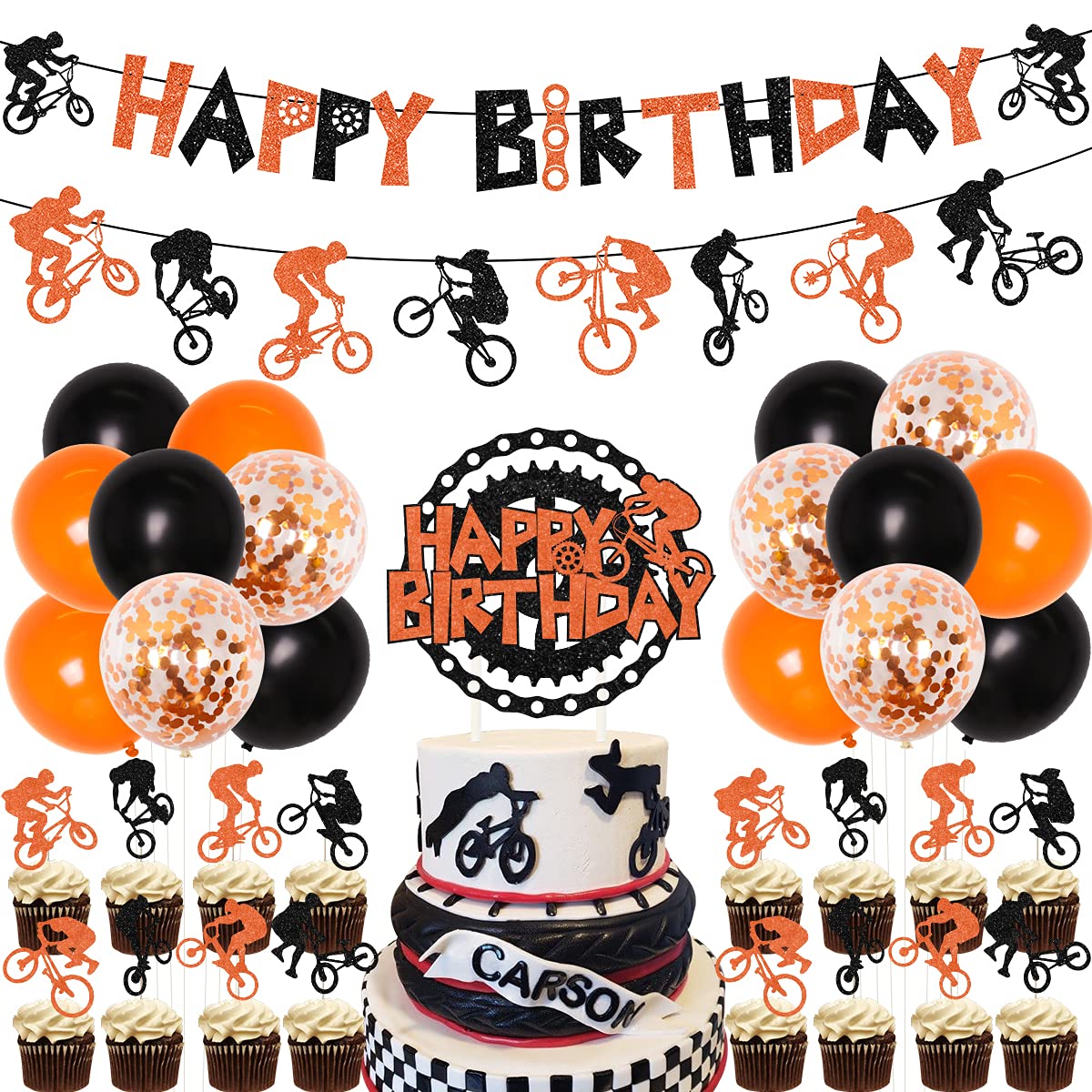 Orange & Black BMX Bike Birthday Party Decorations - Happy Birthday Banner, Cake Topper, Garland & Balloons for Extreme Sports Themed Parties | Perfect for Boys' Motocross & Bicycle Celebration Decor