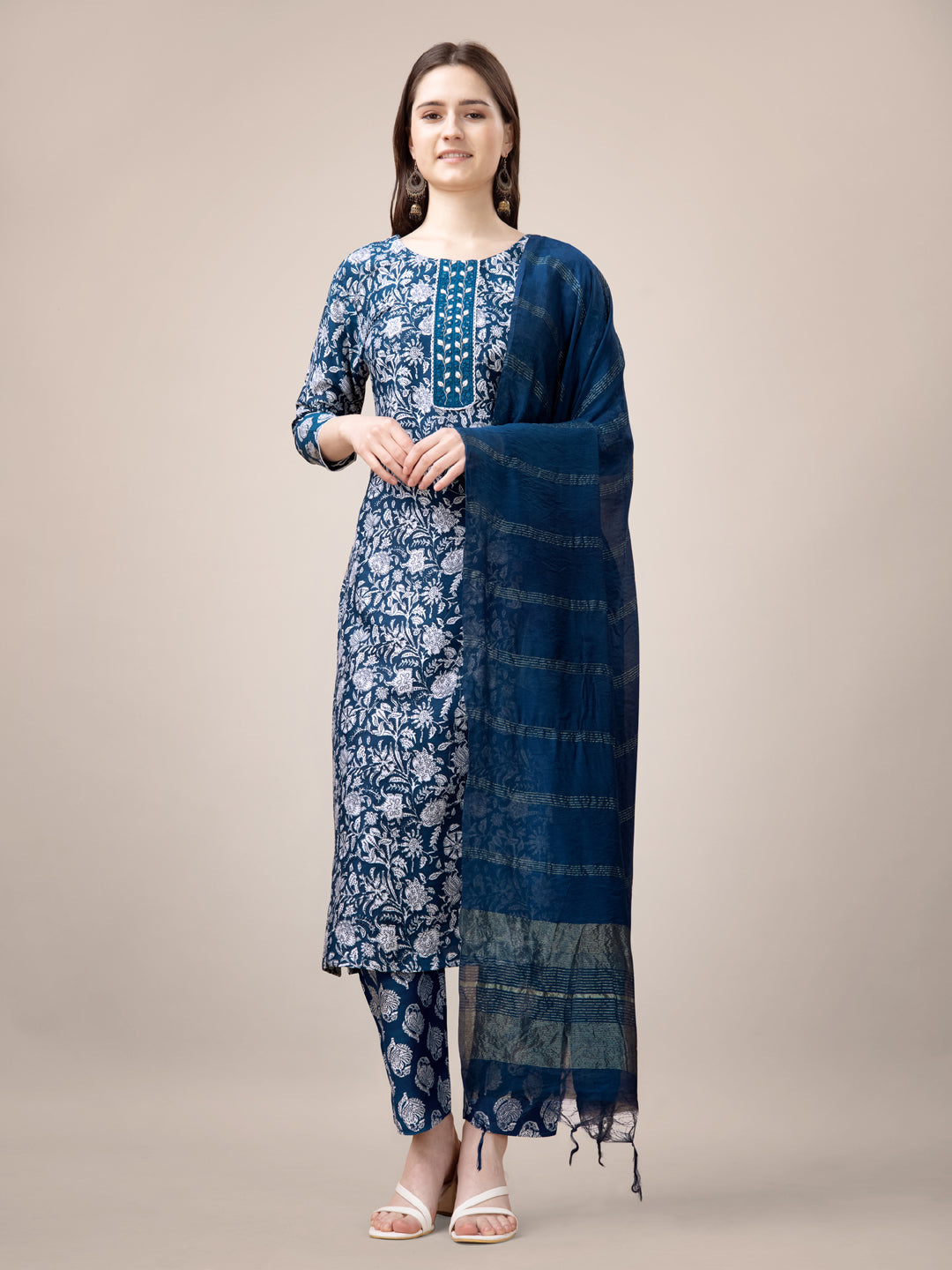 Trendy Blue Embroidered Pant Suit with Fancy Lace Work - Designer Ready-to-Wear Outfit for Women | Perfect for Weddings, Parties & Special Occasions