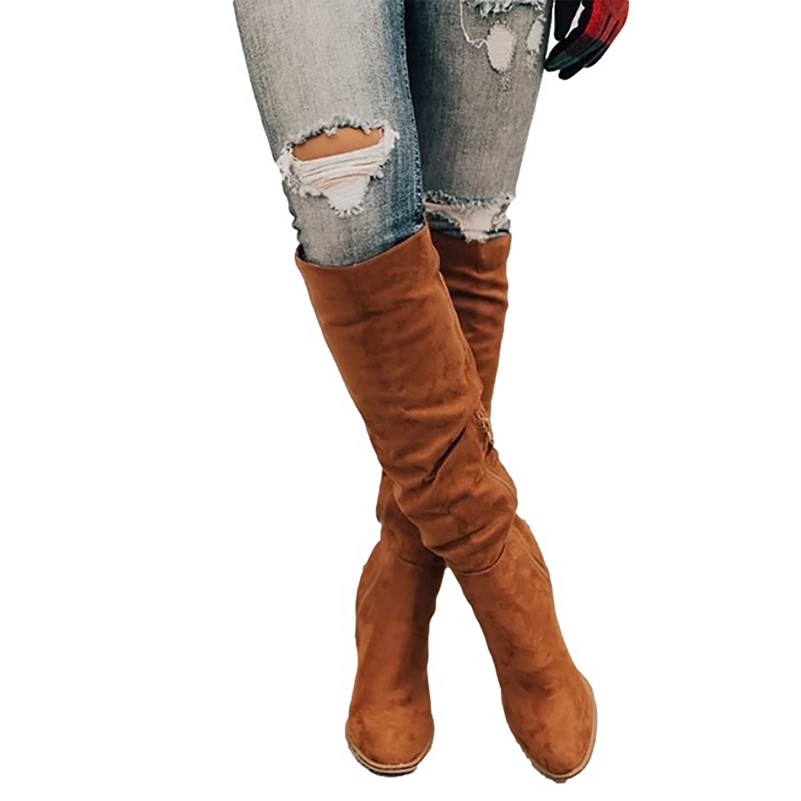 Women's Winter Knee High Long Boots - Fashionable Suede Boots with Comfortable Square Heels for Autumn (US Sizes) - Perfect for Office, Dating & Winter Outfits