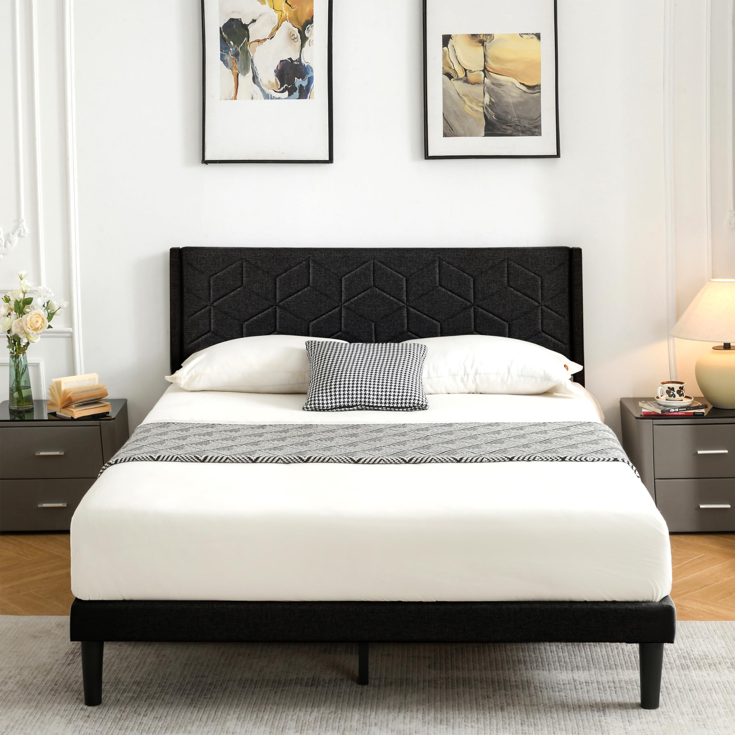 Queen Size Upholstered Platform Bed Frame with Wooden Slats - No Box Spring Needed, Sturdy Mattress Foundation, Easy Assembly (Black) - Perfect for Modern Bedrooms, Guest Rooms & Small Spaces