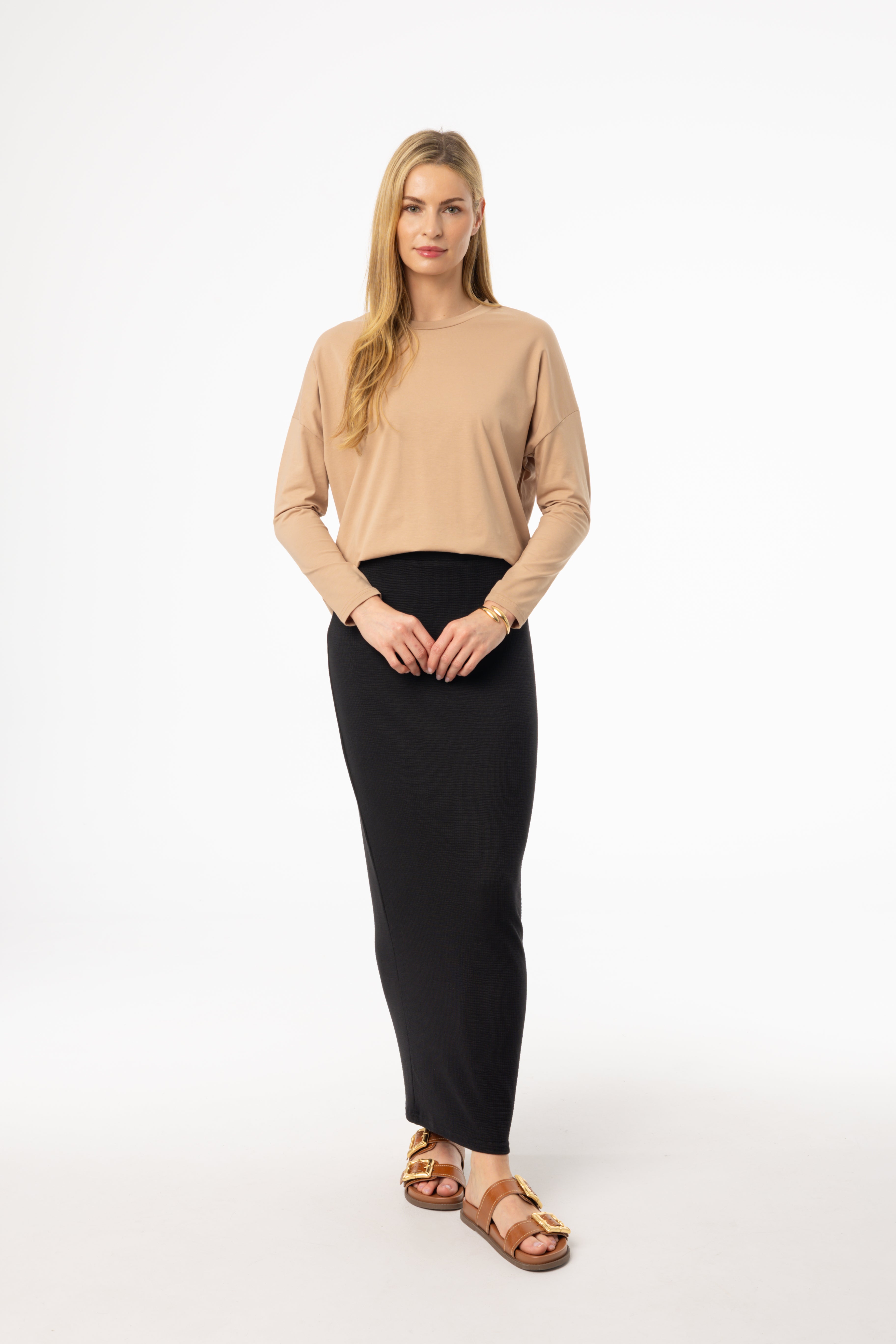Black Waved Skirt for Women - Stylish High Waist Flowy Midi Skirt with Side Slits - Perfect for Casual Outings, Date Nights & Summer Vacations