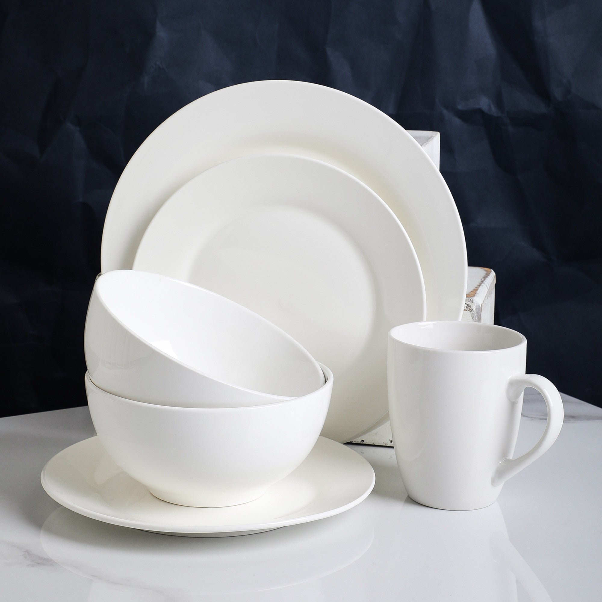 Evermore Porcelain Dinnerware Set - 16-Piece White Dinner Plates, Bowls & Mugs - Elegant Bone China for Formal Dining, Wedding Registry & Holiday Entertaining