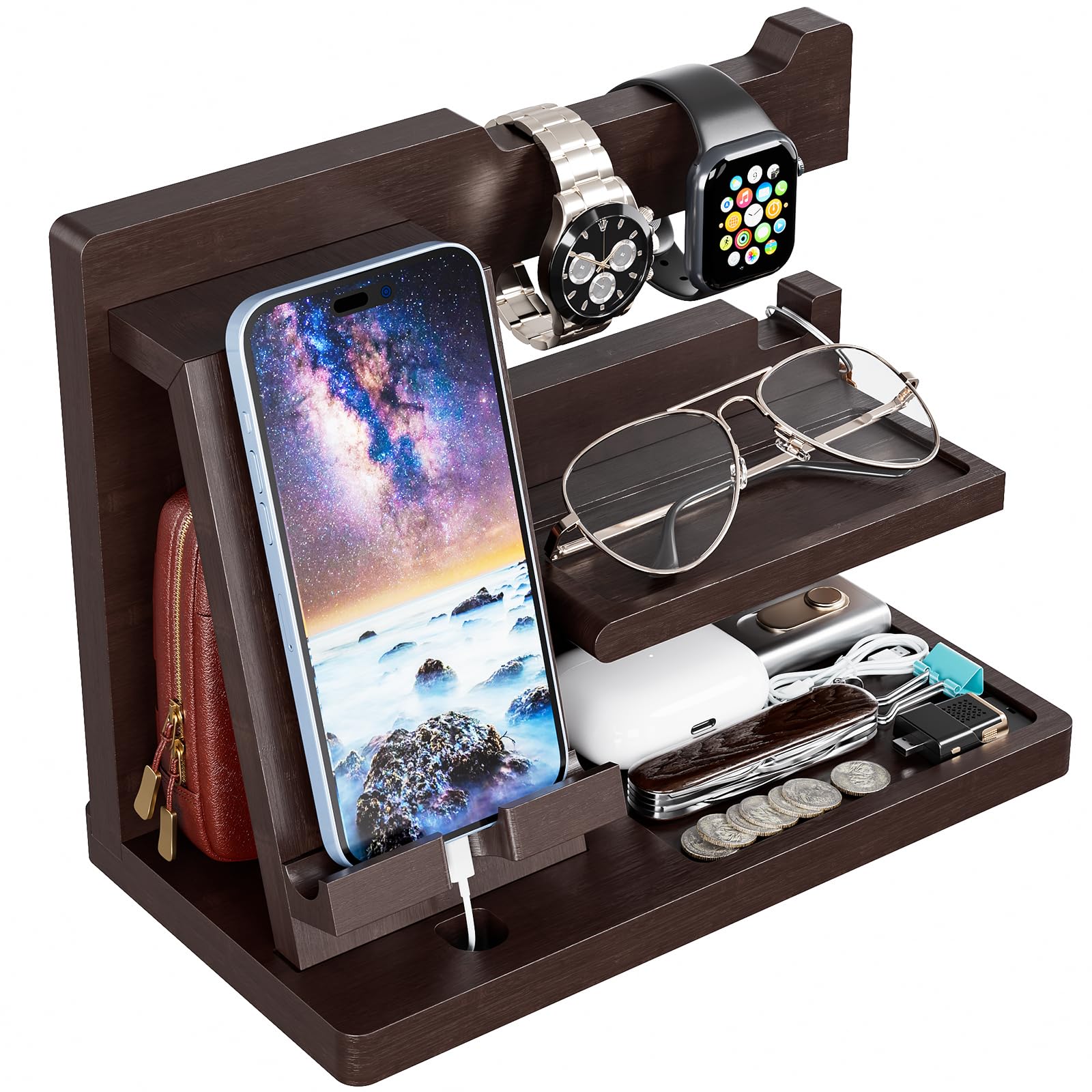 Yirilan Wooden Phone Docking Station & Nightstand Organizer - Perfect Birthday Gift for Men, Dad, Boyfriend, Grandpa - Great for Anniversary, Christmas, Graduation - Travel Gadget & Home Office Accessory - Brown