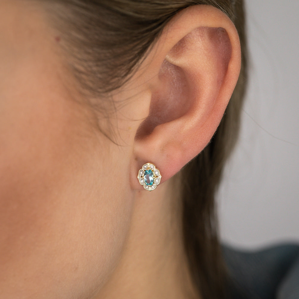 0.55 Carat Blue Topaz Oval and Diamond Earrings in 9ct Yellow Gold - Elegant Jewelry for Weddings, Parties & Special Occasions