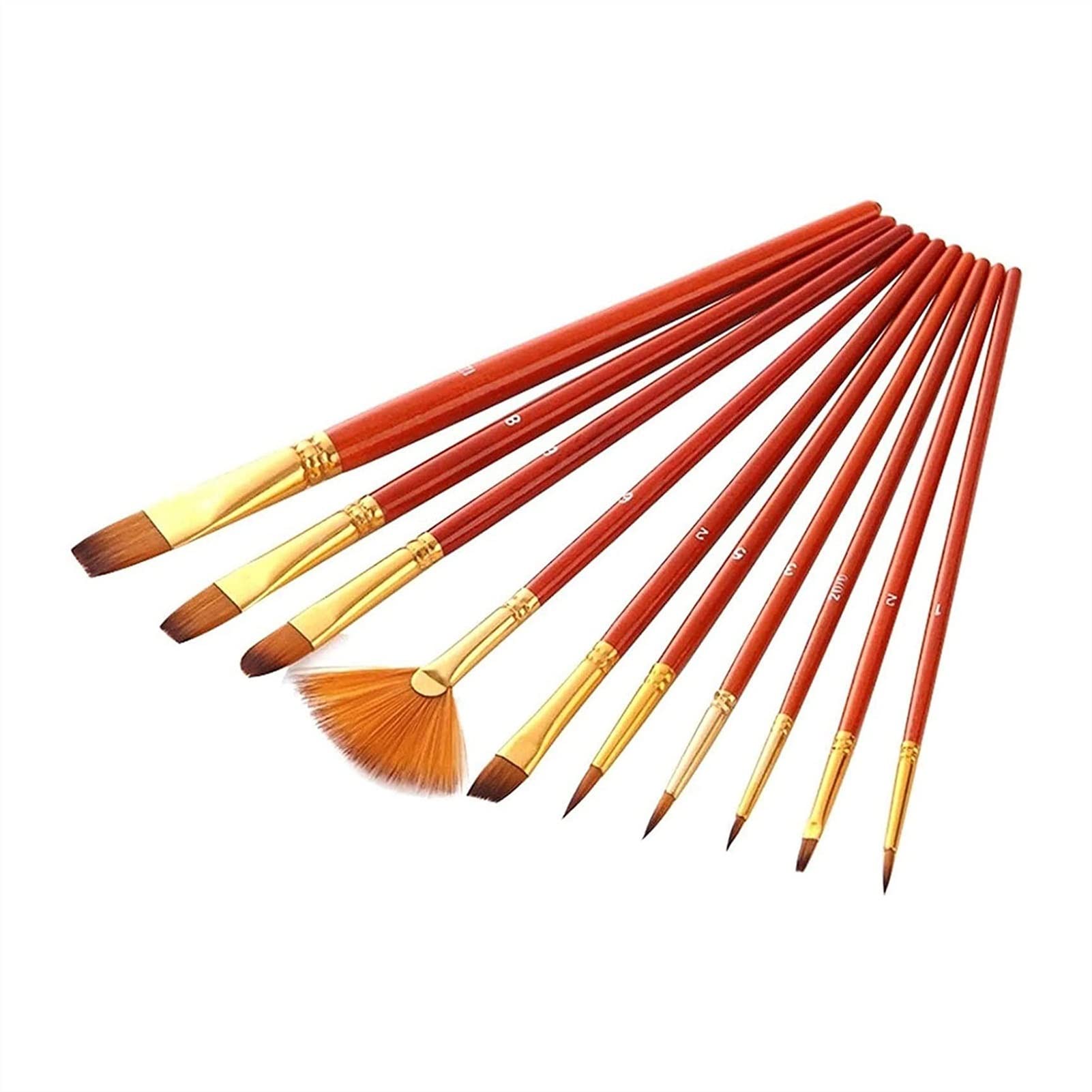 Premium PWV 10-Piece Nylon Paintbrush Set for Acrylic, Watercolor, Gouache & Oil Painting - Artist Brush Kit with Ergonomic Red Handles (Ideal for Canvas, Paper, Wood & DIY Art Projects)