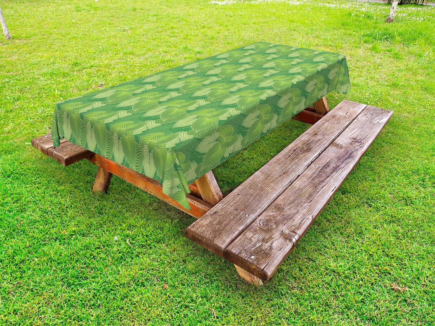 Ambesonne Green Outdoor Tablecloth - Abstract Hosta Leaves Jungle Theme, Washable Picnic Table Cover 58
