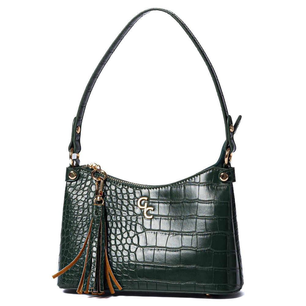 Galway Crystal Fashion Mini Shoulder Bag for Women - Forest Green Crocodile Embossed Crossbody Purse | Perfect for Work, Travel & Evening Out