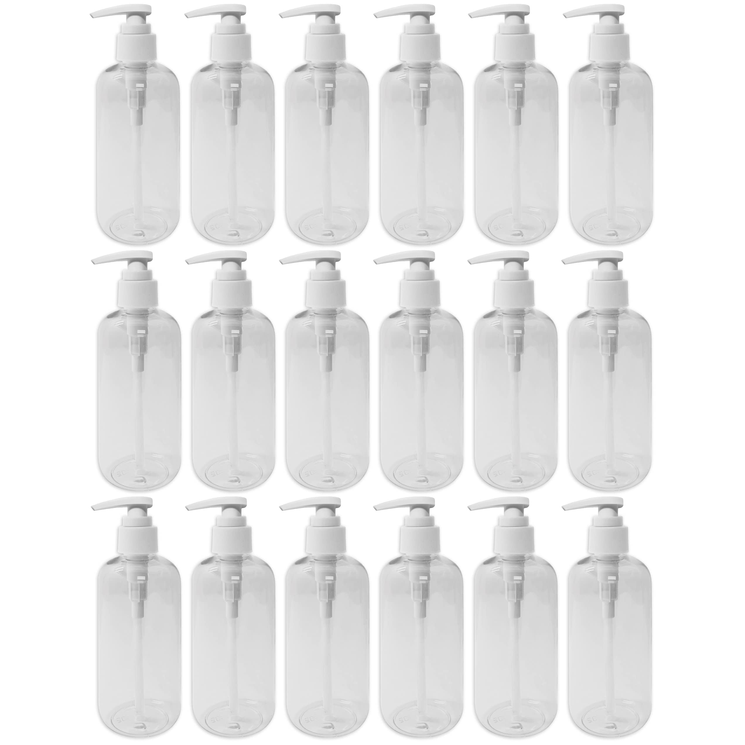 KOALA 8oz Clear Refillable Bottles with Leak Proof Press Pump Dispenser - BPA Free Travel Size Containers for Lotions, Soaps, Shampoo & Conditioner - Perfect for Hand Sanitizer Spray Refills, Home & Salon Use (Pack of 18)