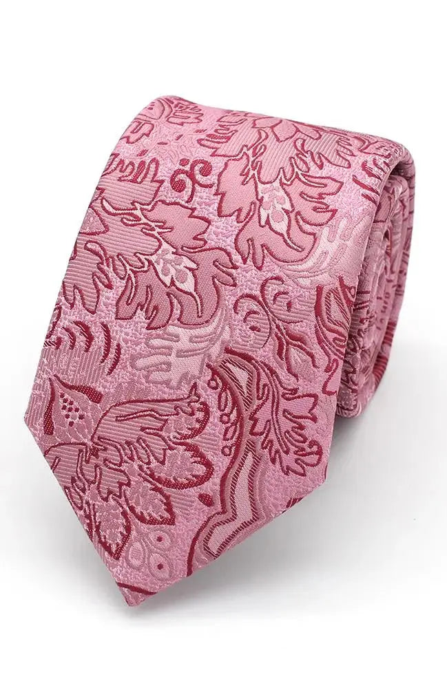 L A Smith Raspberry & Rose Bold Leaves Tie & Hank Set - Elegant Floral Accessories for Weddings, Parties & Special Occasions