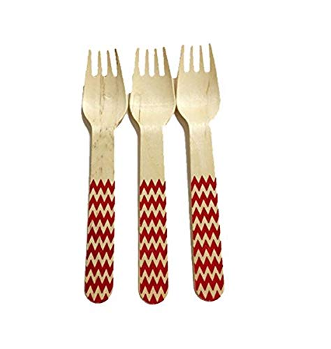 Perfect Stix Chevron Forks - Set of 36 Red Printed Wooden Forks with Chevron Pattern, 6 Inch Disposable Cutlery for Parties, Picnics & Catering Events