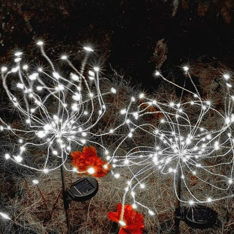 Solar Powered LED Firework Starburst Lights - White 120 LED Fairy Garden Lamp for Outdoor Pathway, Yard, and Patio Decor - Perfect for Christmas, Halloween, and Party Lighting