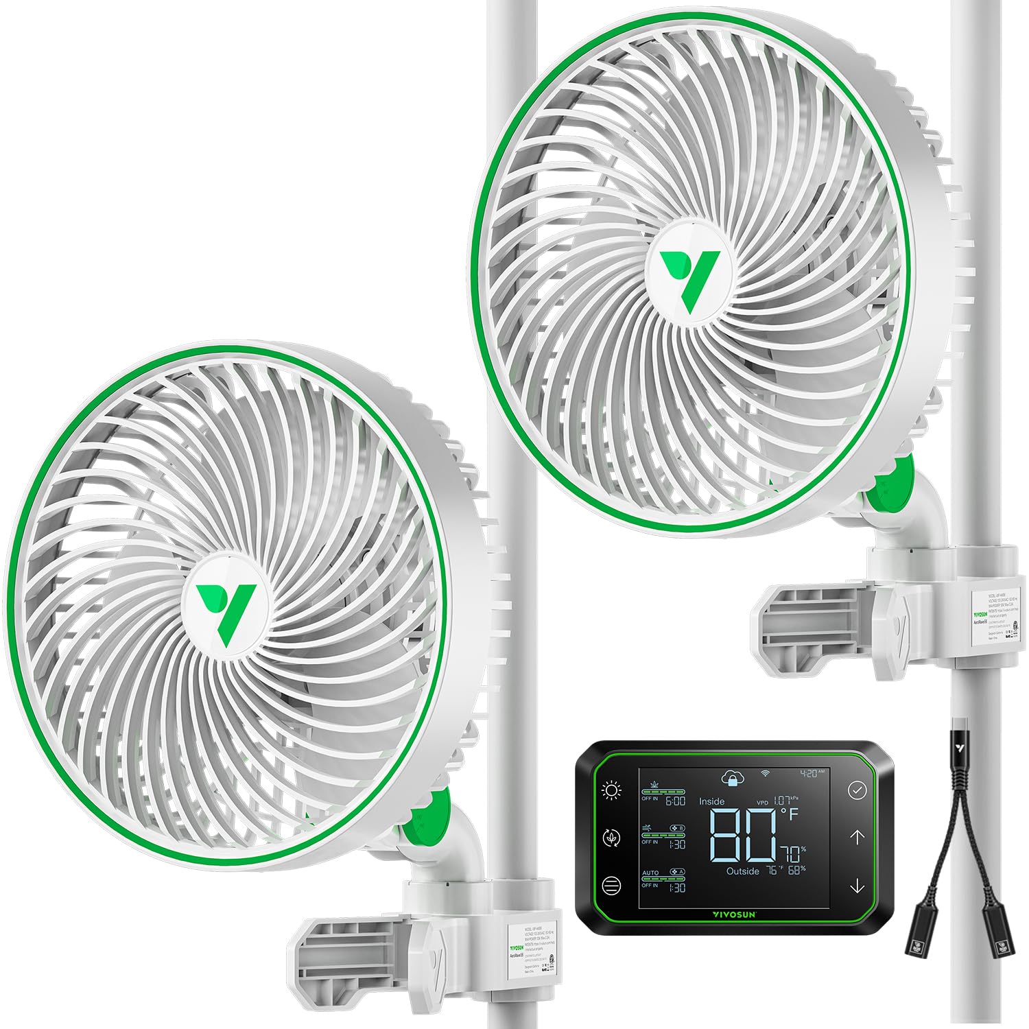 VIVOSUN 2-Pack AeroWave E6 White Clip-on Grow Tent Fan with EC Motor, GrowHub E42A WiFi Controller & USB-C Splitter Kit - Smart Environmental Control for Hydroponics, Indoor Gardening, and Greenhouse Ventilation