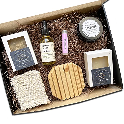 Handmade Self-Care Gift Box for Women - 7 Piece Lavender Relaxation Set with Face & Body Soap Bar, Ayurvedic Shampoo Bar, Gold Facial Serum, Exfoliating Soap Saver Bag, Soap Tray & Lip Balm by TheSSoaps - Perfect for Spa Day, Birthday Gifts & Stress Relief