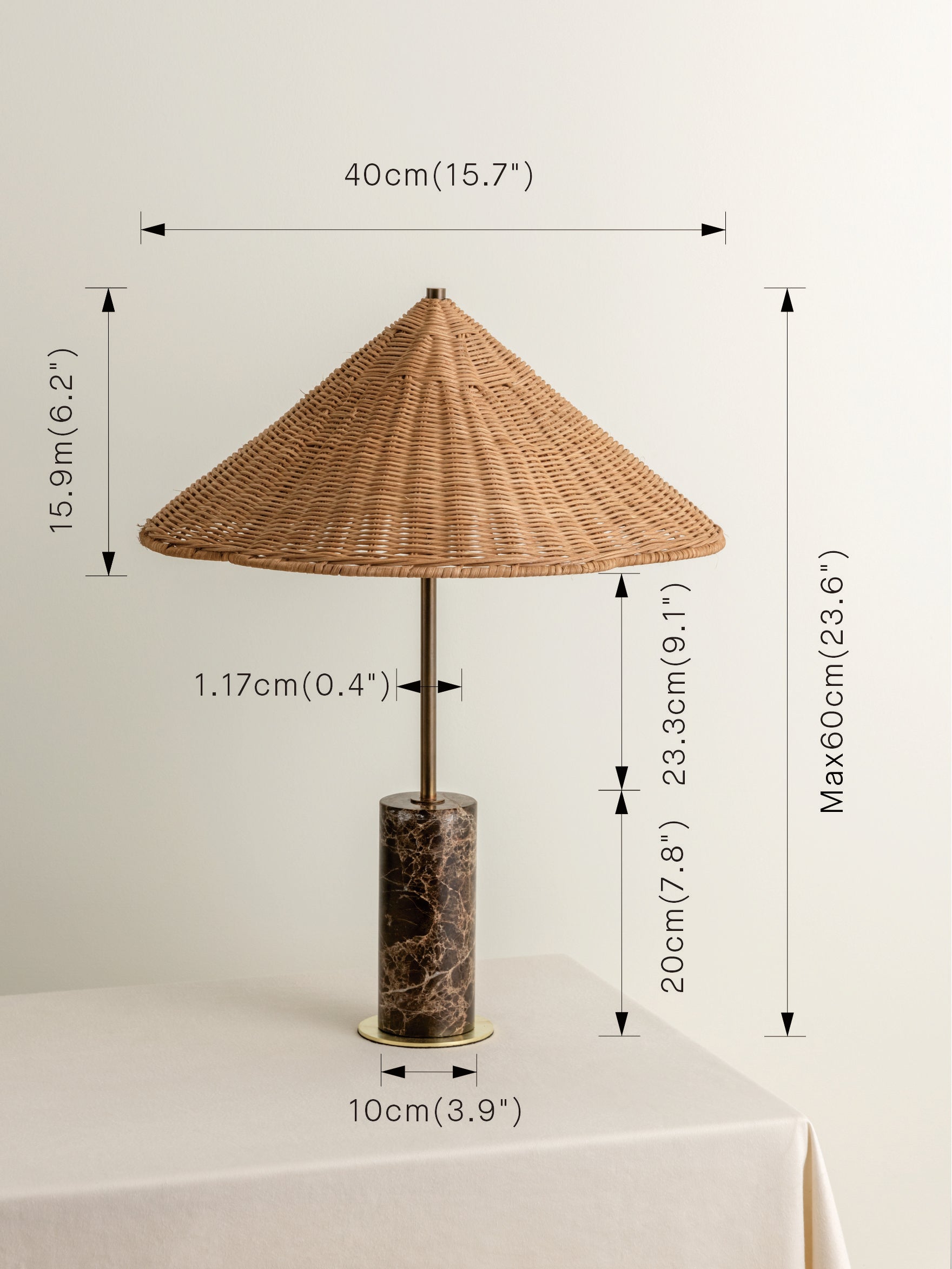 Ardini Rattan & Brown Marble Table Lamp - Modern Boho Bedside Lighting for Living Room, Bedroom, or Office Decor