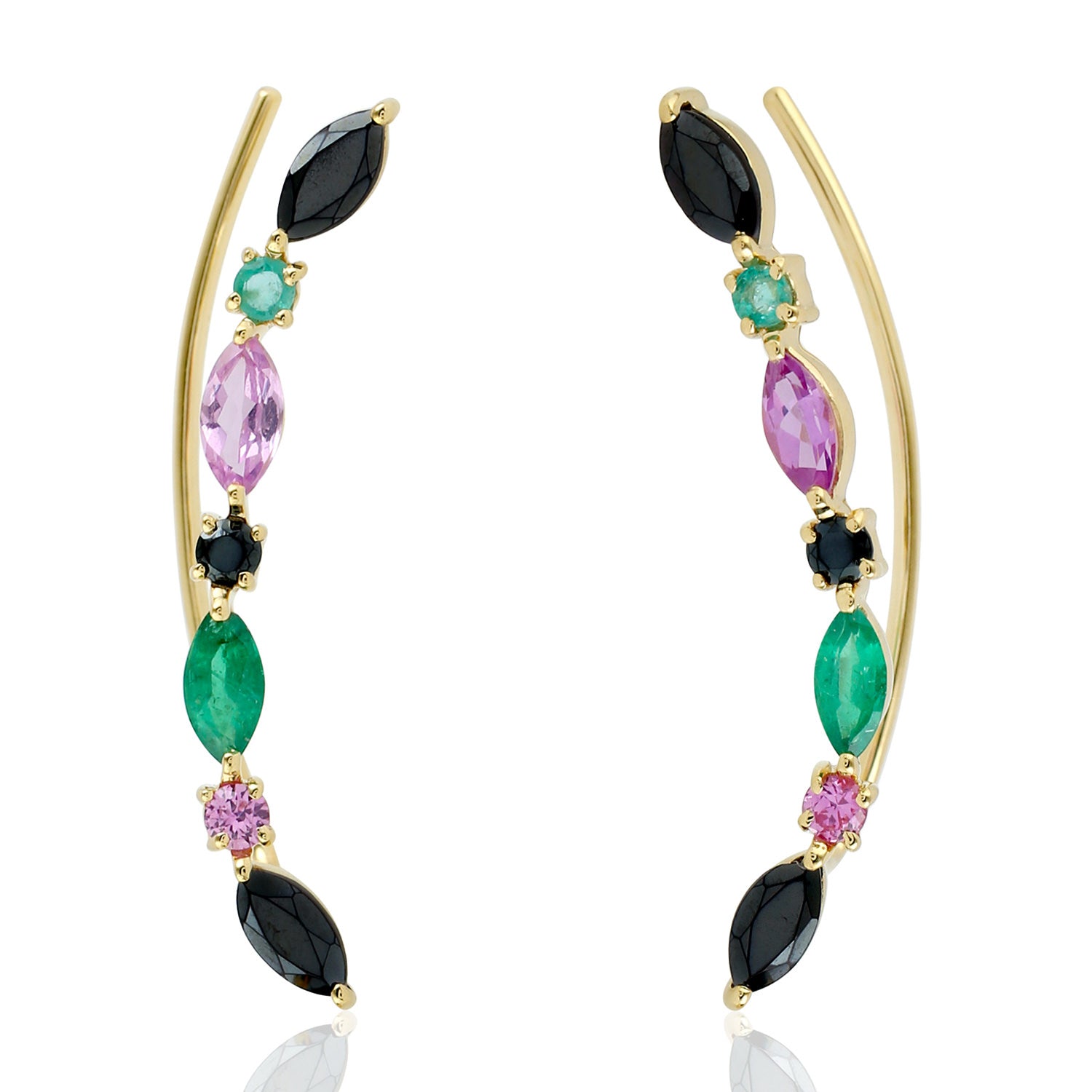 Exquisite Marquise Cut Pink Spinel & Emerald Ear Climber Earrings in 14K Yellow Gold | Elegant Dangle Earrings for Women | Perfect for Weddings, Parties & Special Occasions
