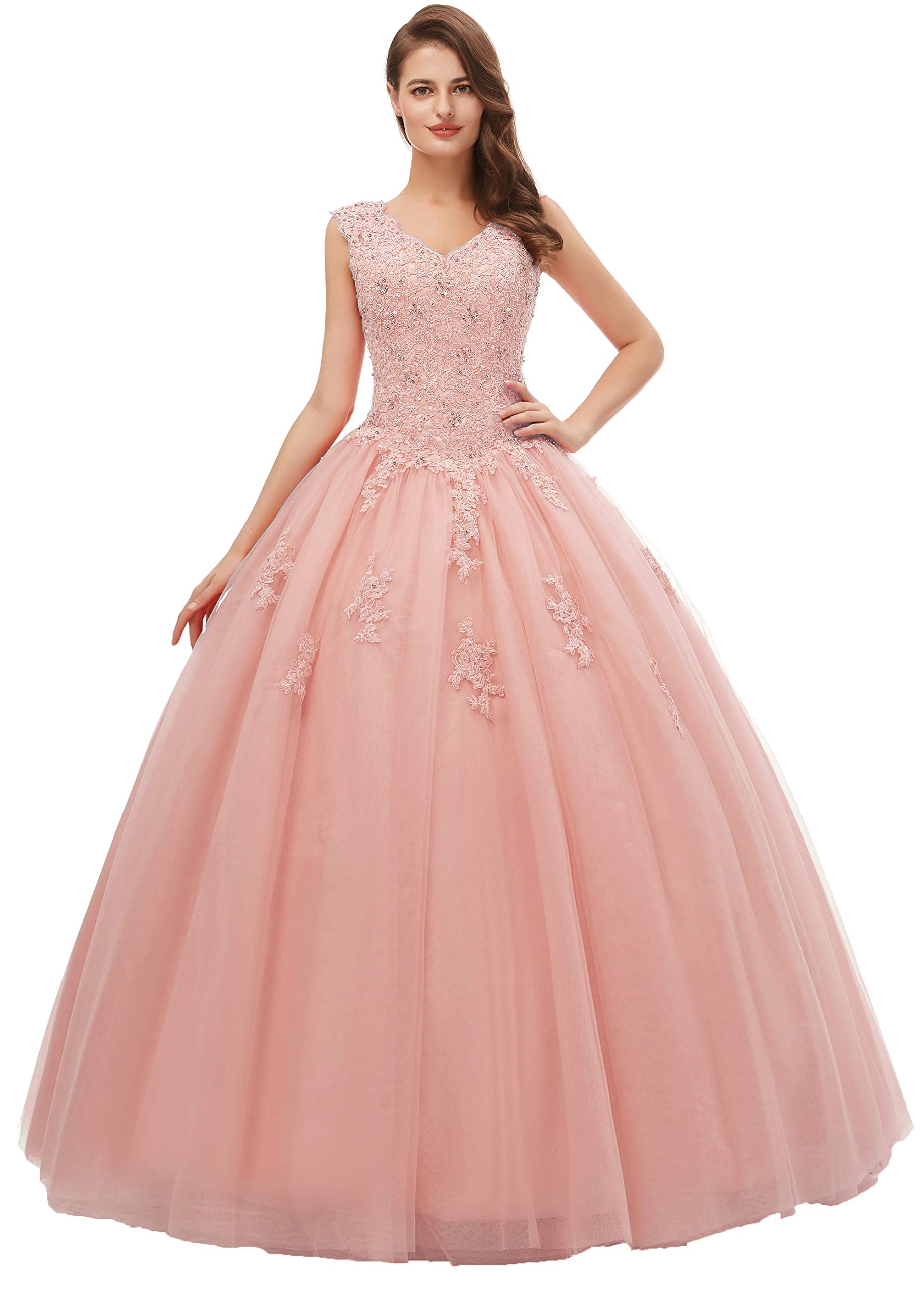 Elegant Women's V-Neck Sleeveless Quinceañera Dress with Embroidery & Beading - Sexy Open Back Formal Prom Gown in Light Pink | Perfect for Quinceañeras, Prom Nights, Weddings & Special Occasions