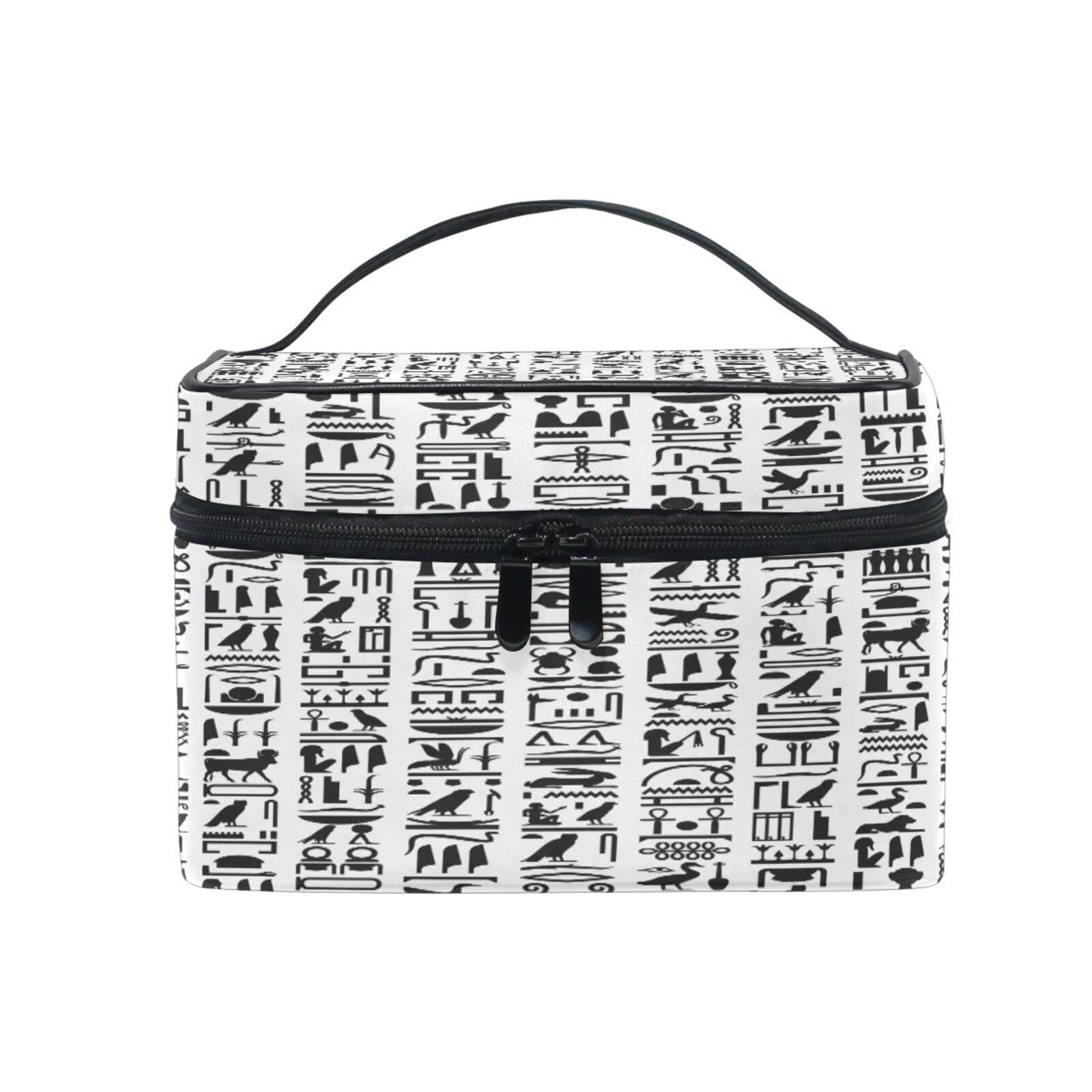 Egyptian Hieroglyphic Print Makeup Bag for Women & Girls - Large Travel Cosmetic Organizer with Zipper, Handle & Brush Compartment | Perfect for Toiletries, Train Case & Portable Beauty Storage