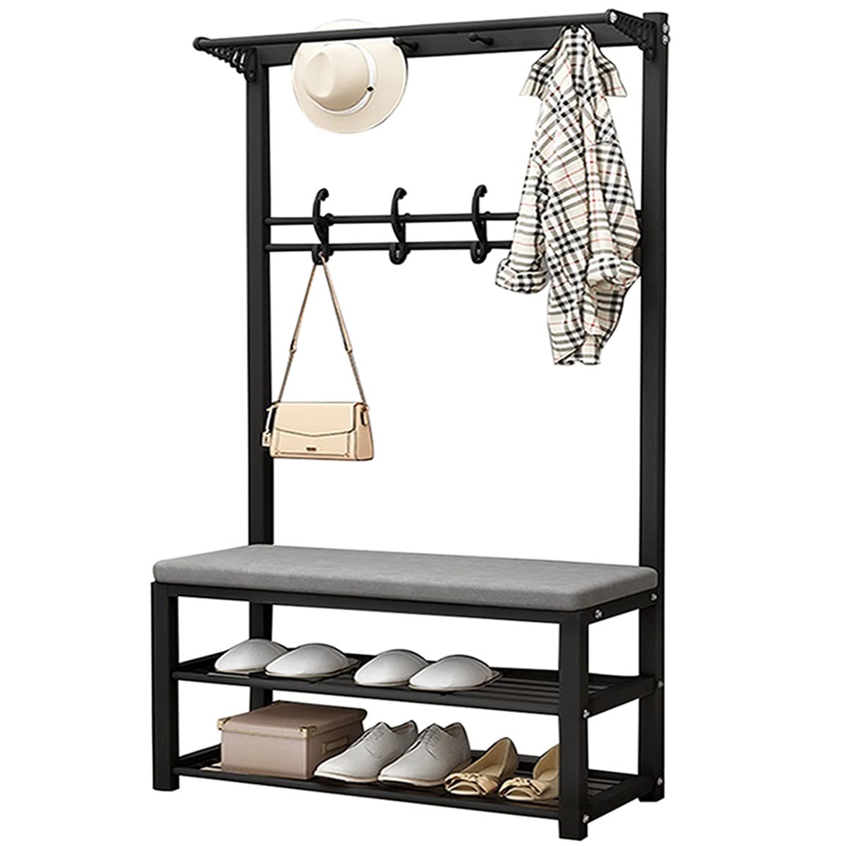 Mixfom 3-in-1 Hall Tree Coat Rack with 2-Tier Storage Shelf, Shoe Bench & Hooks - Entryway Organizer for Hallway, Bedroom & Living Room (Black, 100x33x170cm) - Perfect for Small Spaces & Home Organization