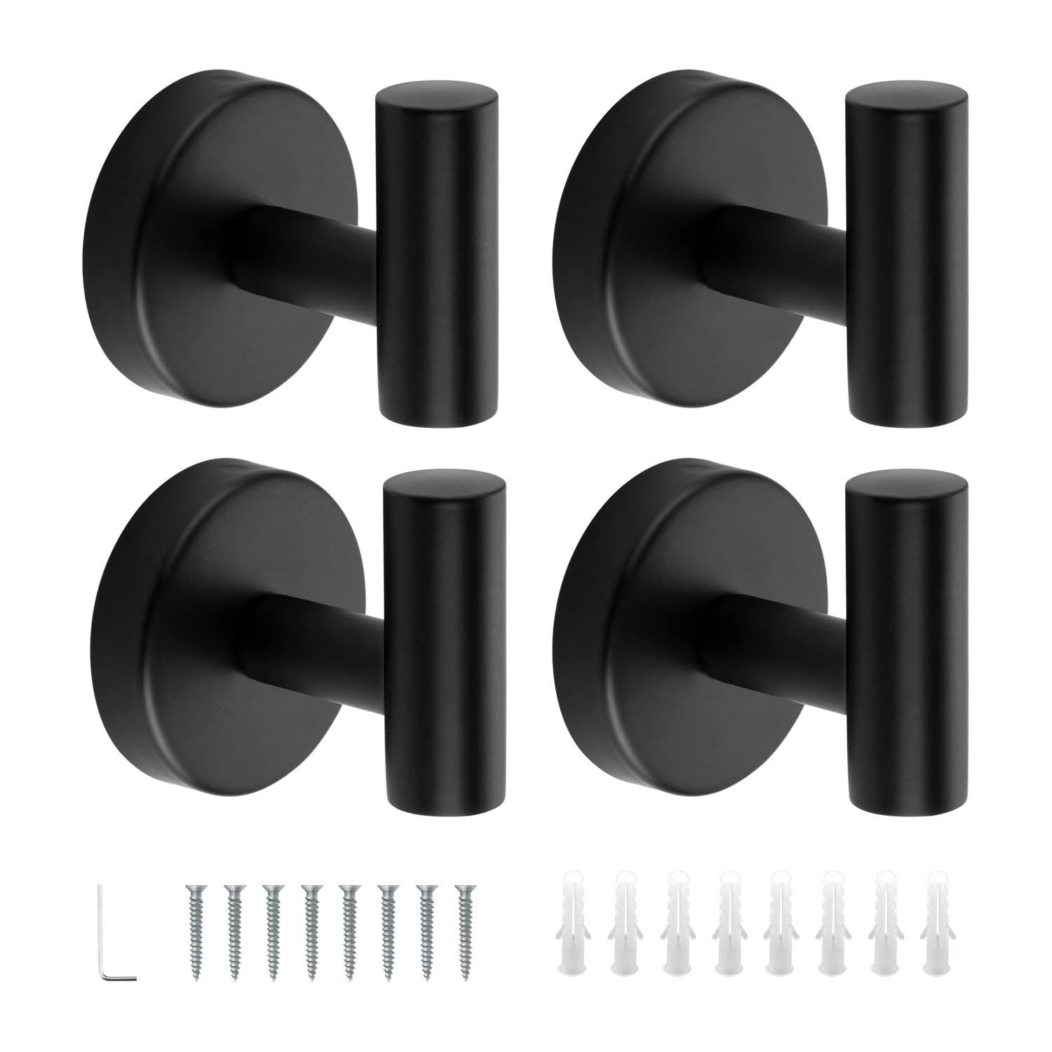 4 Pack Black Stainless Steel Towel Hooks - Bathroom & Coat Holder for Robes & Clothes