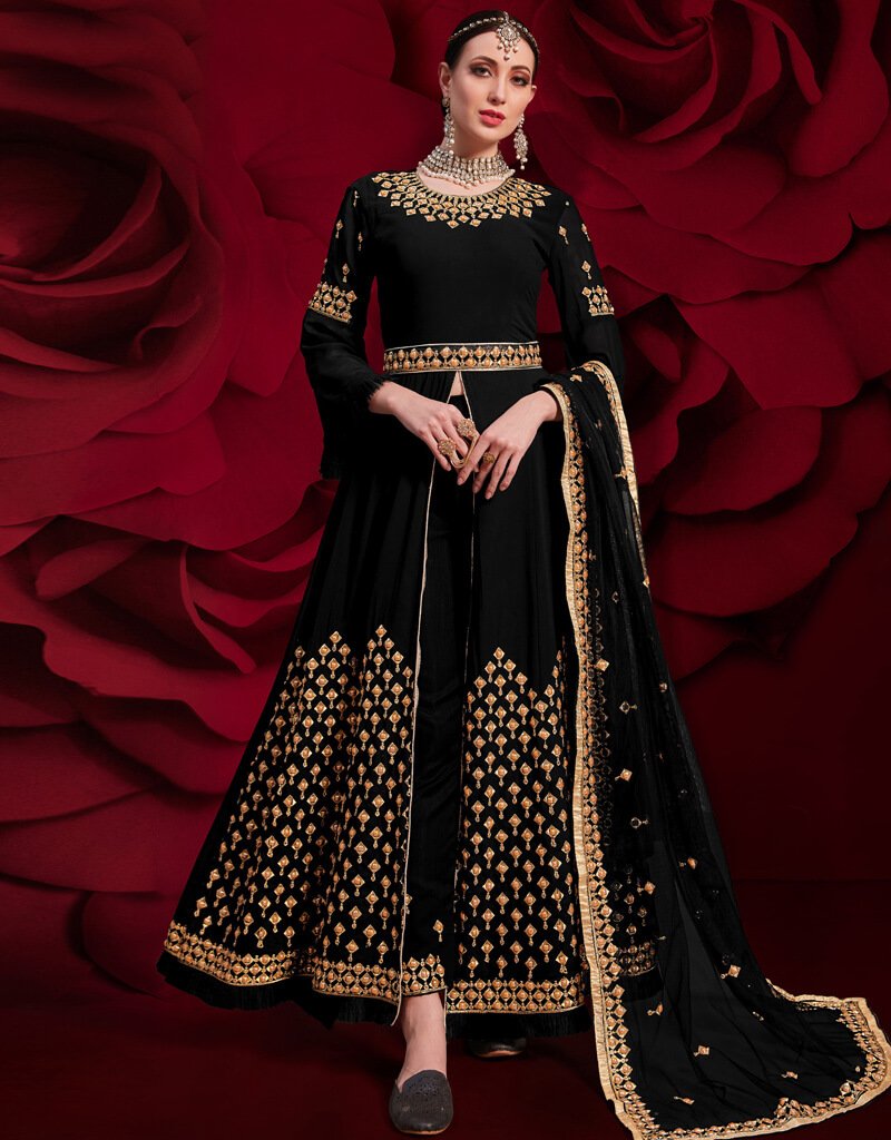 Elegant Black Pure Georgette Anarkali Pant Suit for Women - Perfect for Weddings, Parties & Festive Occasions