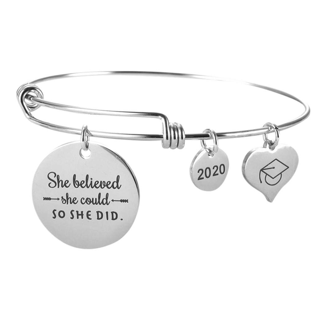 Johtae Lettering Graduation Bracelet 2020 - Personalized Student & Friendship Bangle Gift for Mom, Daughter - Perfect for First Day of School, Graduation Ceremony & Special Occasions
