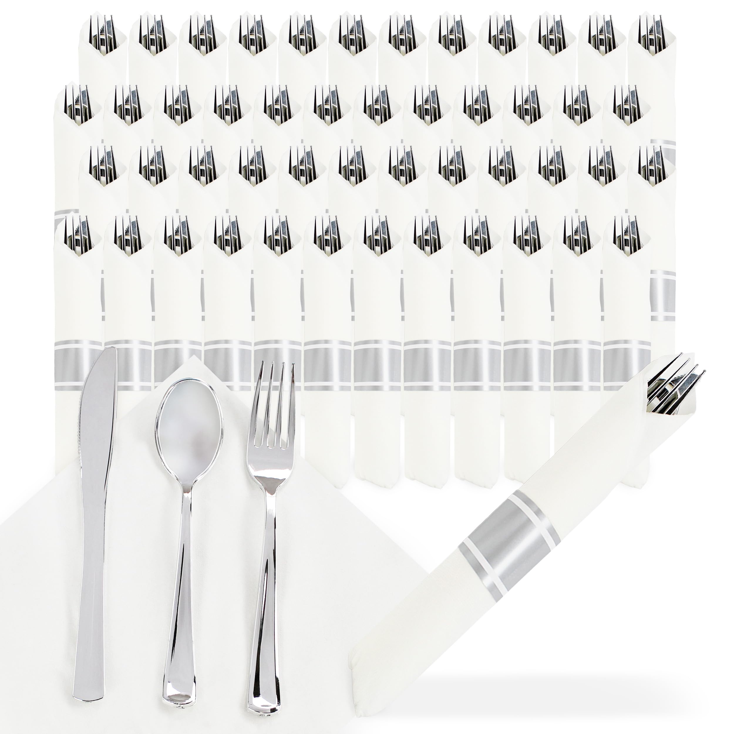 Premium Silver Plastic Cutlery Set of 300 - Individually Wrapped Disposable Silverware with Napkins for Weddings, Parties & Events | Elegant Dining Solution for Catering, Banquets & Special Occasions