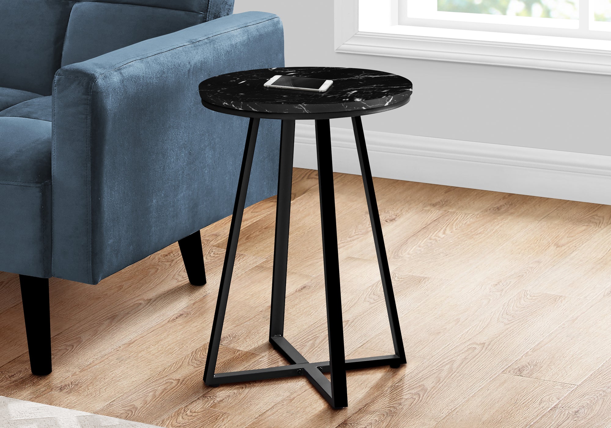 Modern Black Marble Accent Table with Black Metal Base - 22 Inch Height - Perfect for Living Room, Bedroom, or Office Decor