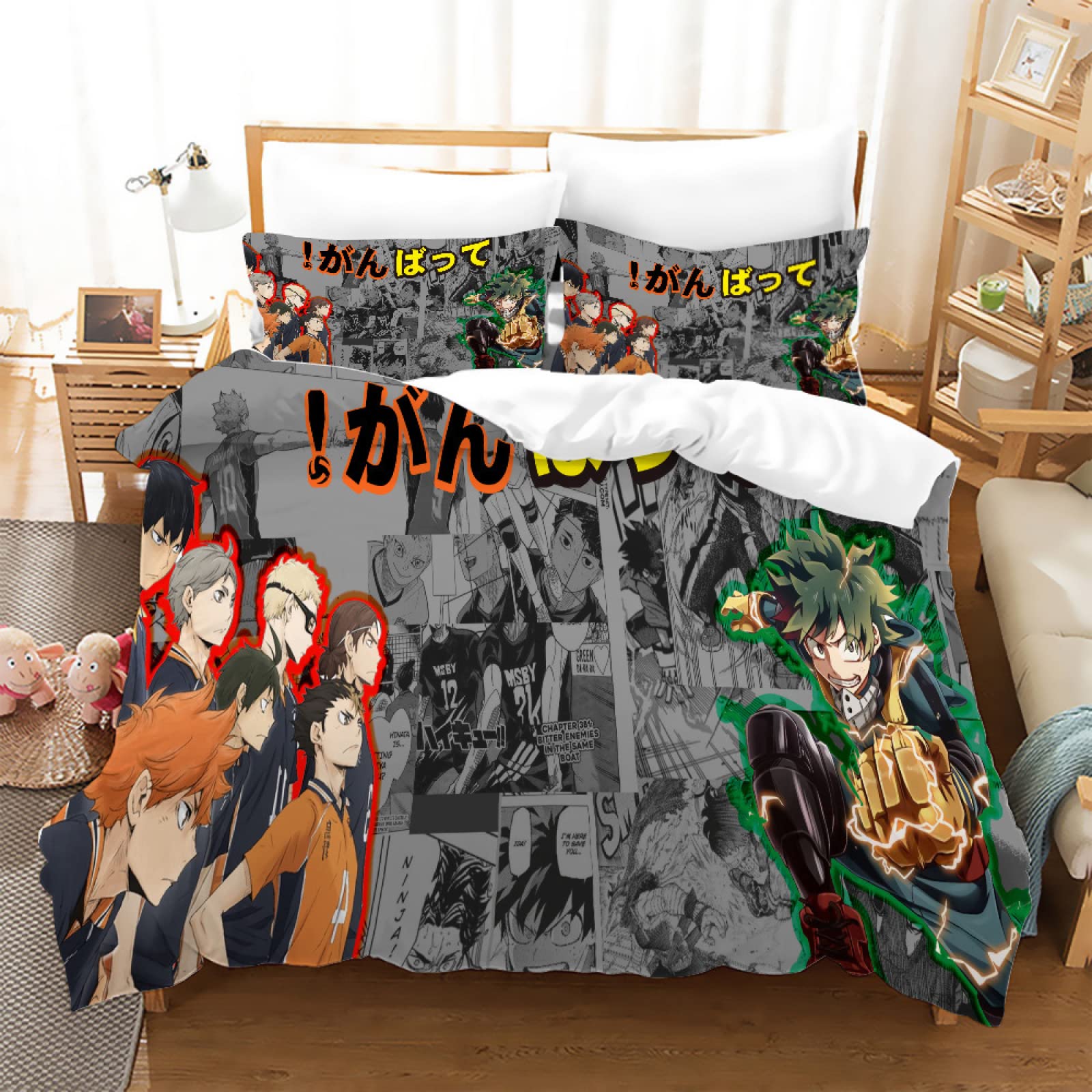 Haikyuu Anime Bedding Set - Cartoon Quilt Cover & Pillowcase (2-3 Piece) for Adults & Kids - Shoyo Hinata Design - 102x90 Inches - Perfect for Anime Fans' Bedroom Decor