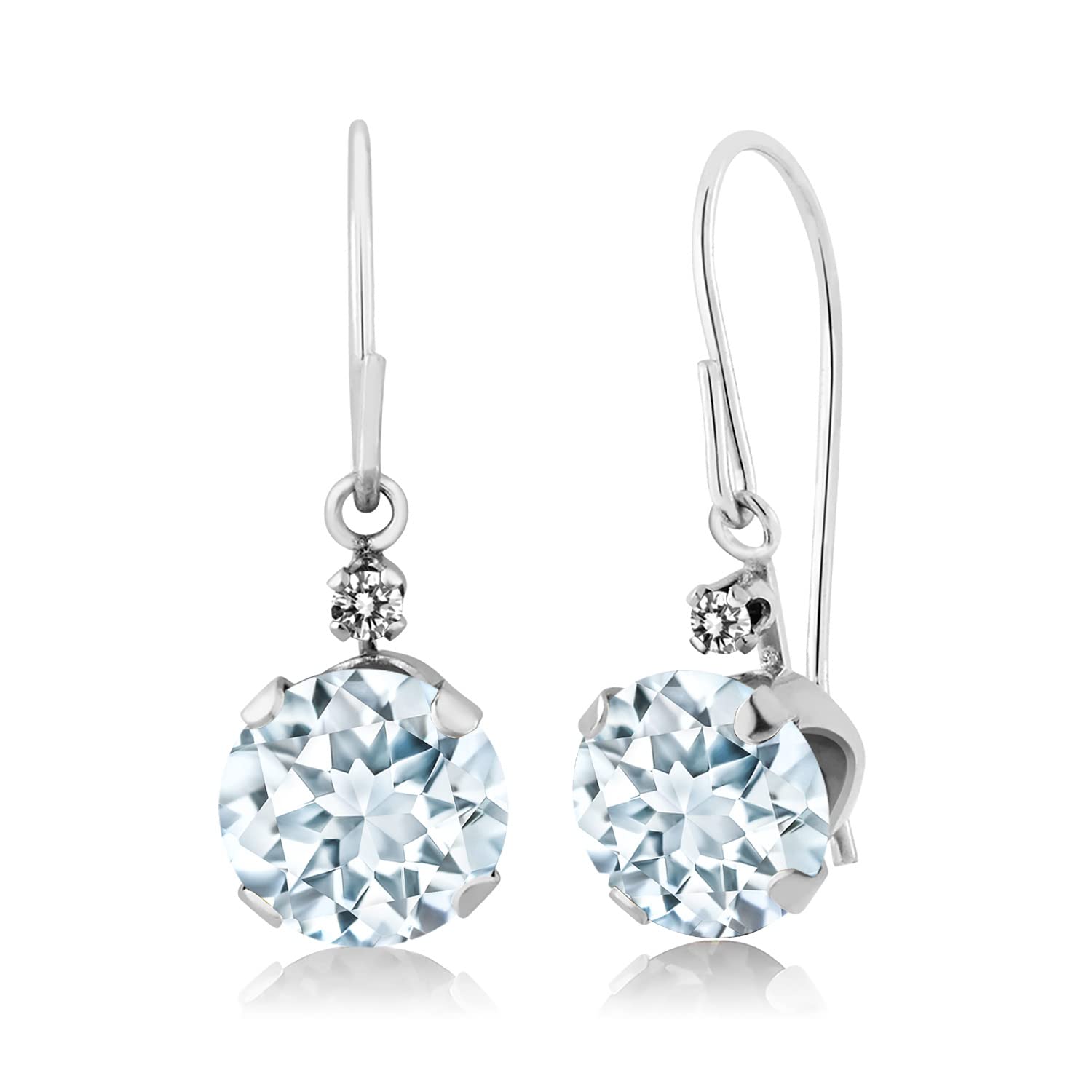 14K White Gold Sky Blue Aquamarine & Diamond Leverback Dangle Earrings for Women (1.53 CTTW, March Birthstone, 6MM Round) - Perfect for Birthdays, Anniversaries & Special Occasions