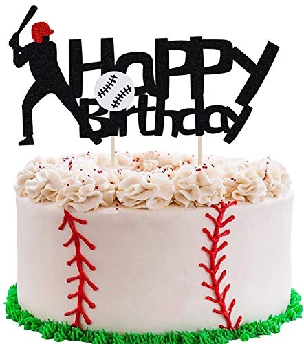 KAPOKKU Black Double-Sided Baseball Happy Birthday Cake Topper - Sports Theme Party Cake Decoration for Baseball Lovers - Perfect for Birthday Cakes, Cupcakes & Dessert Tables