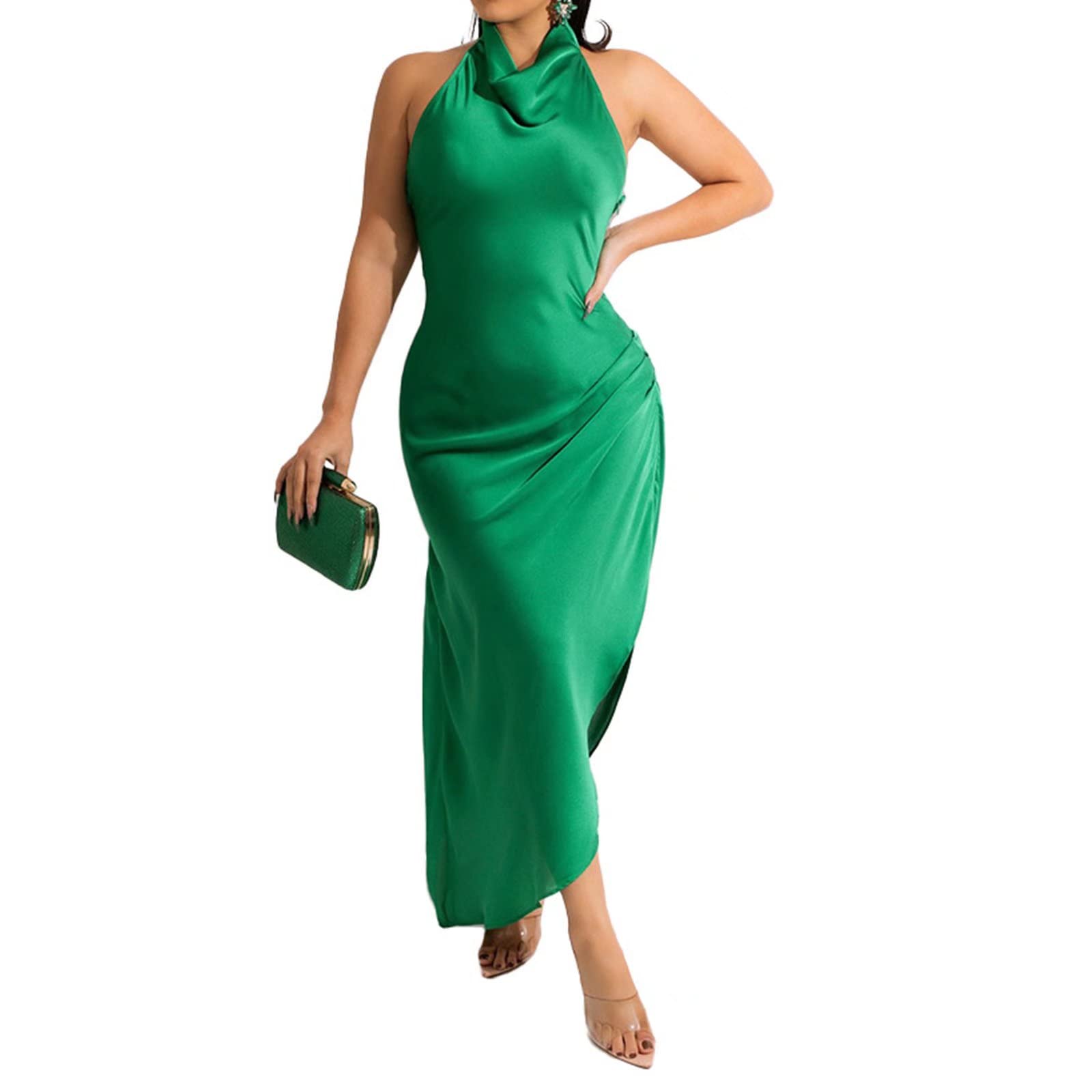 Elegant One Shoulder Sleeveless Satin Cocktail Dress for Women - Split Hem Midi Party Dress for Evening Events, Weddings & Night Out