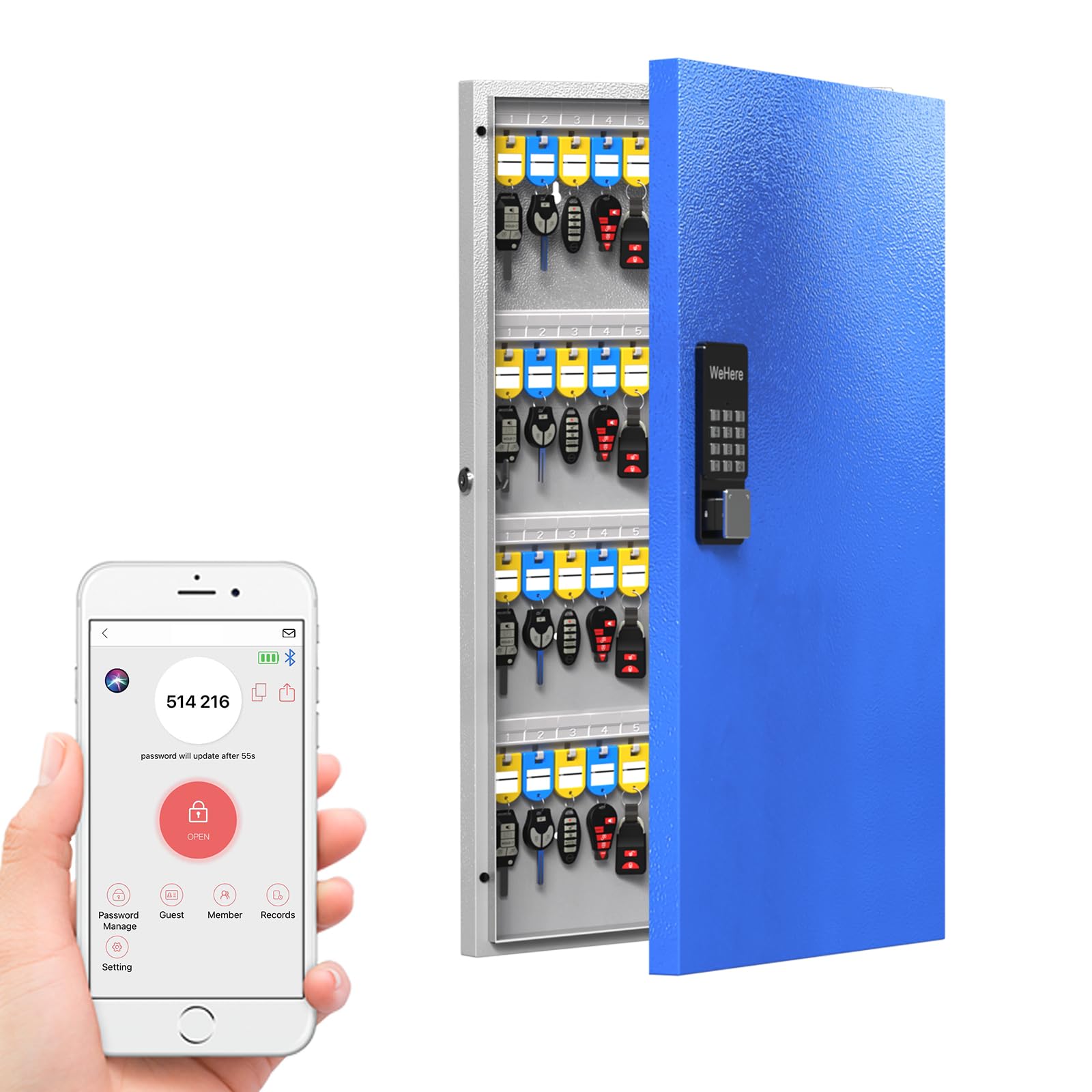 WeHere Smart Key Lock Box 96 Key Capacity - Bluetooth APP, One-Time Password, Wi-Fi Remote, Fixed Code & Key Unlock - Wall Mount Key Cabinet for Apartment, Hotel, Office & Real Estate Key Management | Secure Key Storage Solution for Property Managers, Airbnb Hosts & Homeowners