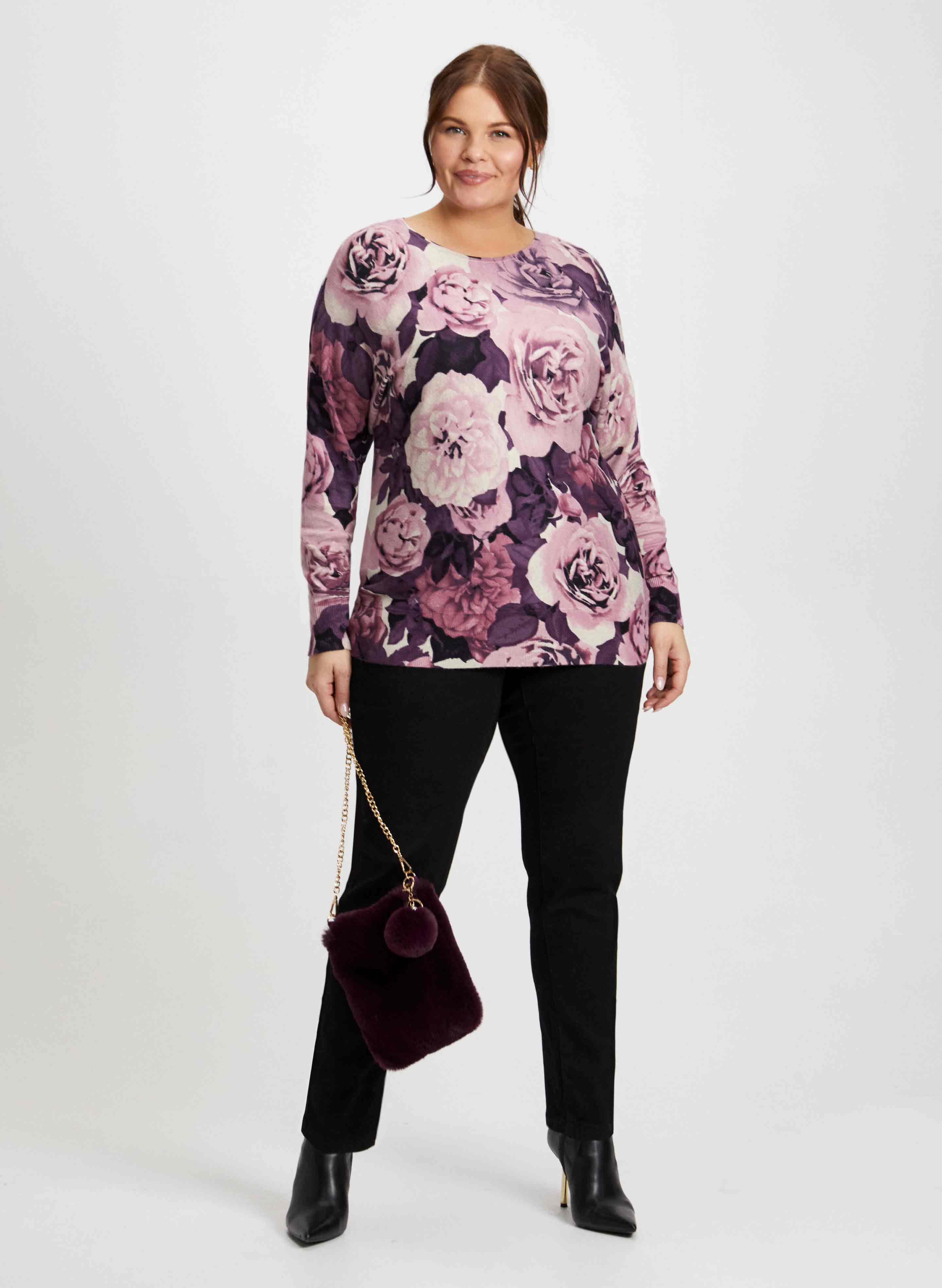 Floral Print Sweater & Slim Leg Jeans for Women - Stylish Casual Outfit for Spring & Fall - Perfect for Date Night, Office Wear and Weekend Brunch
