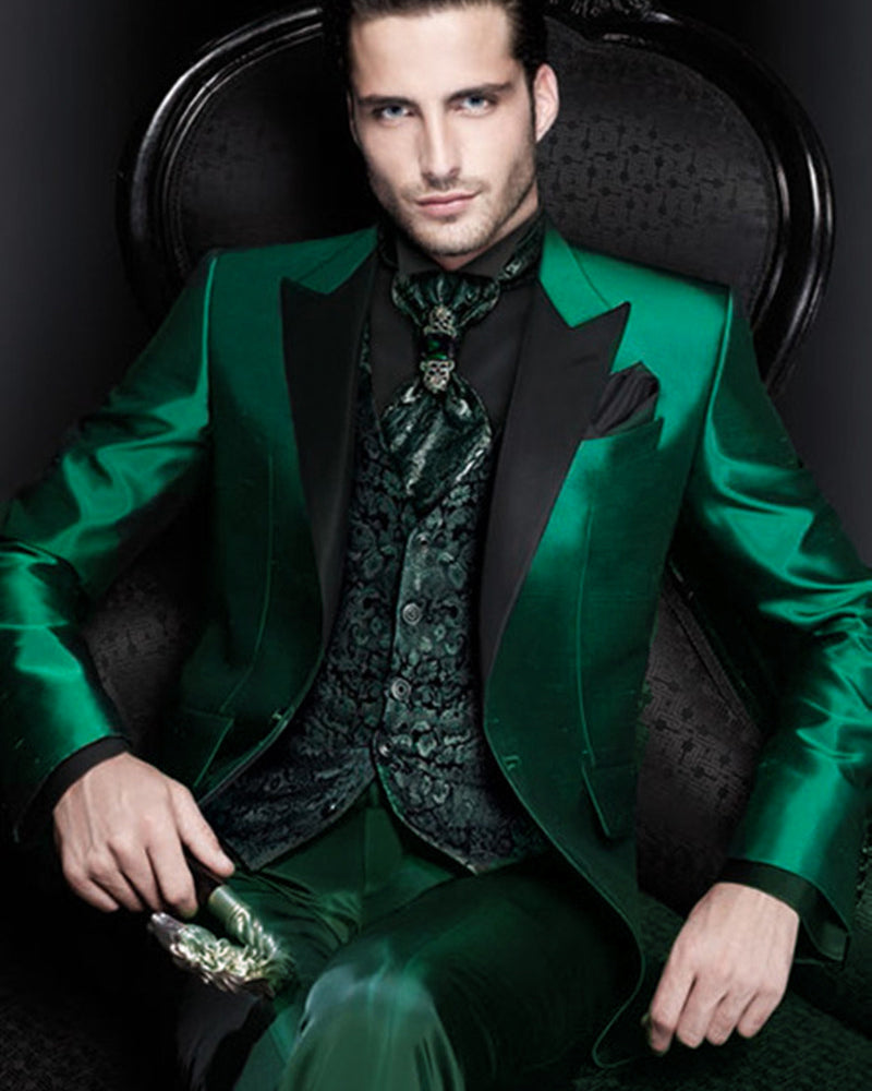 Emerald Green Tuxedo for Men - Shiny Satin Wedding Suit 2 Piece Set (Jacket & Pants) CB0815 | Formal Groom Attire for Weddings, Prom, Black Tie Events