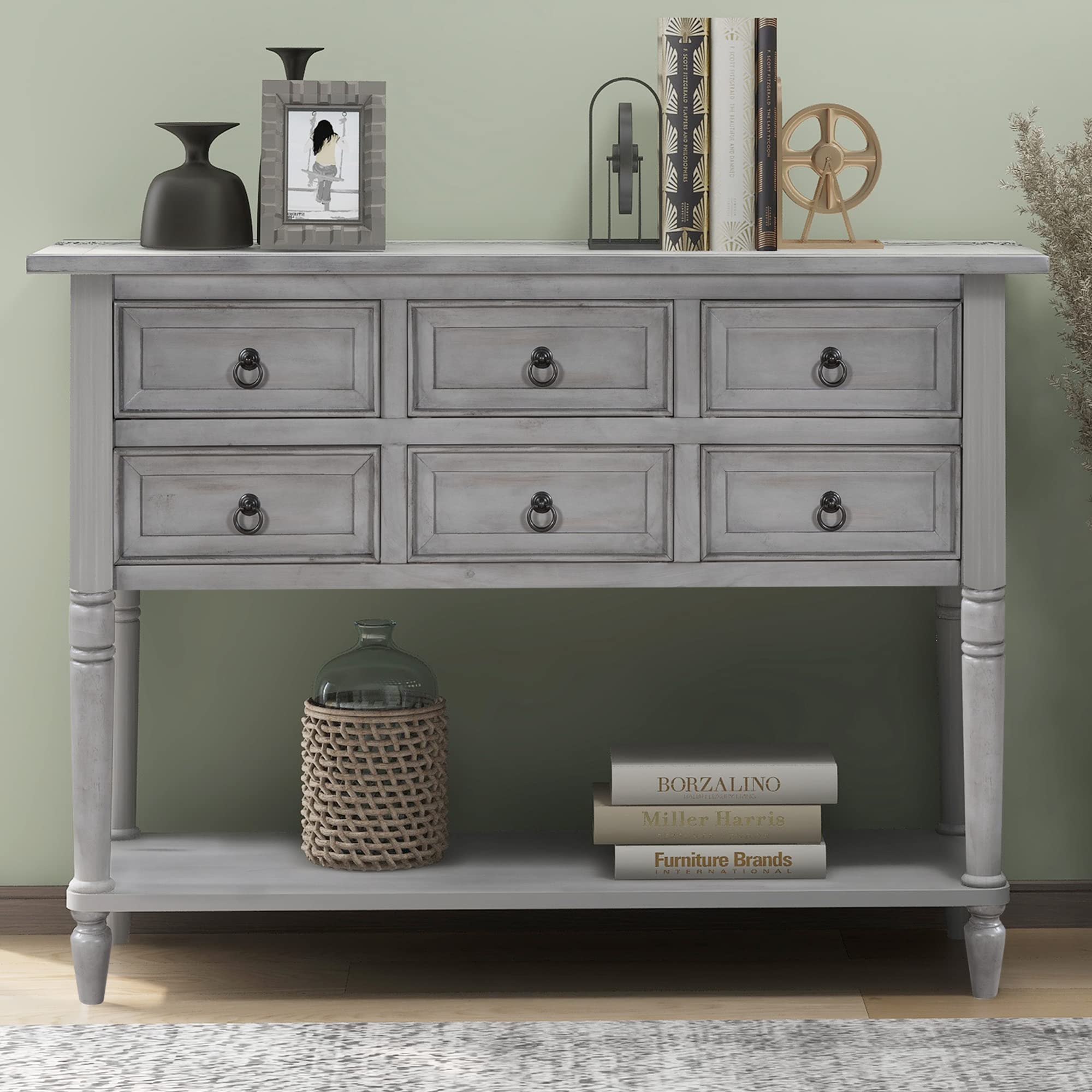 P PURLOVE 6-Drawer Long Wooden Console Table with Bottom Shelf - Entryway, Living Room, Bedroom Furniture for Hallway, Foyer & Home Decor | Space-Saving Storage Solution