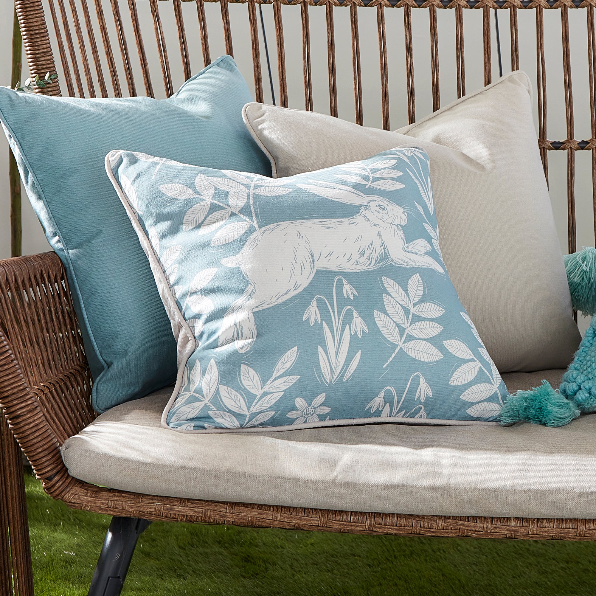 Dreams & Drapes Spring Rabbit Outdoor Cushion Cover - Duck Egg Blue Waterproof Garden Patio Furniture Pillow for Porch, Deck & Backyard Decor