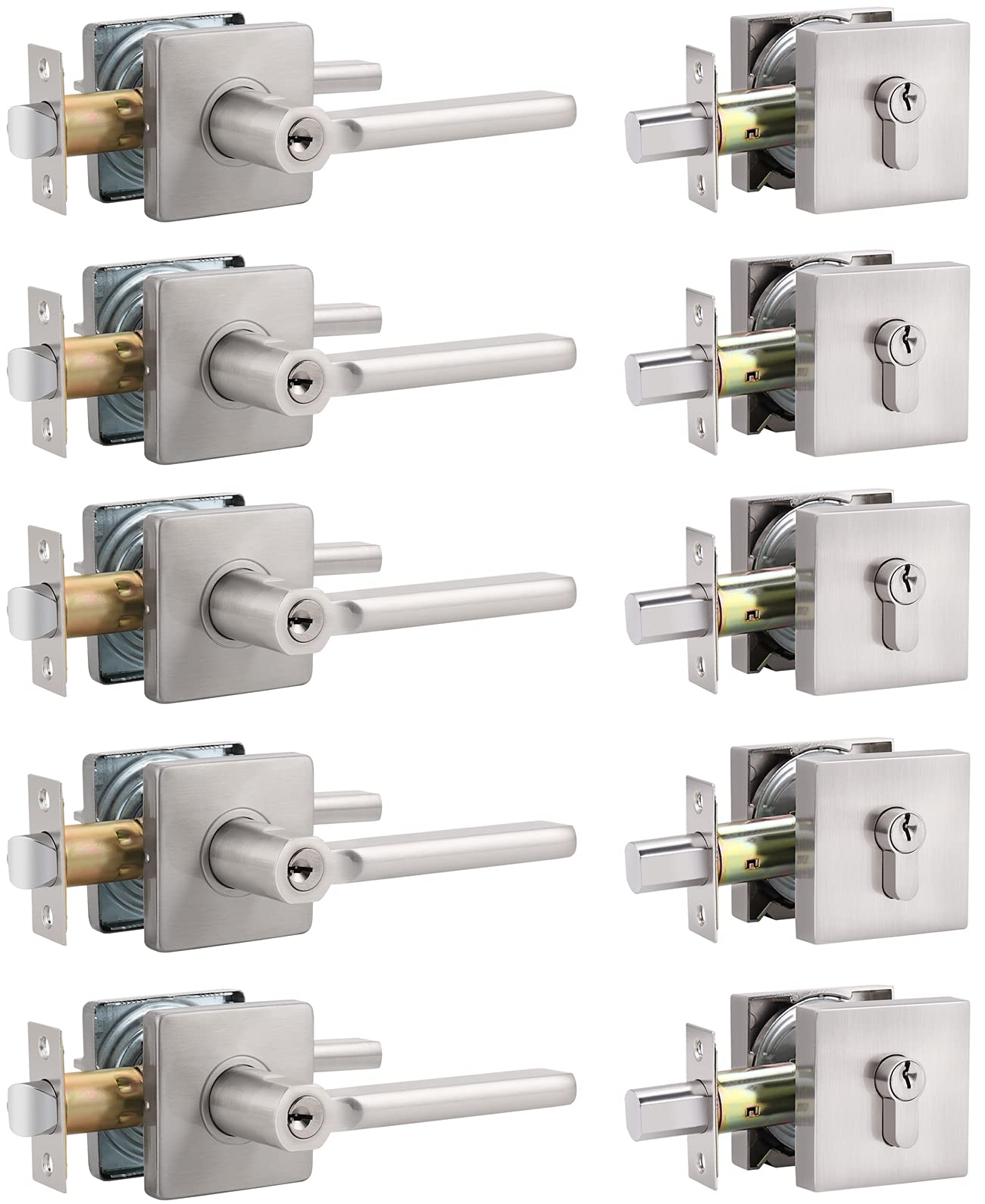 Brotima 5-Pack Satin Nickel Entry Door Lever with Deadbolt - Keyed Alike Exterior Door Lock Set & Single Cylinder Deadbolt - Heavy Duty Right/Left Hand Door Handle for Front, Back & Patio Doors - Perfect for Homes, Apartments & Office Buildings