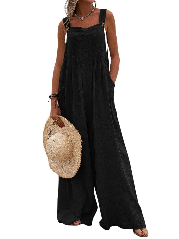 Women's Casual Adjustable Strap Wide Leg Bib Overalls Jumpsuit with Pockets - Comfortable Denim Romper for Everyday Wear, Outfits & Street Style Fashion