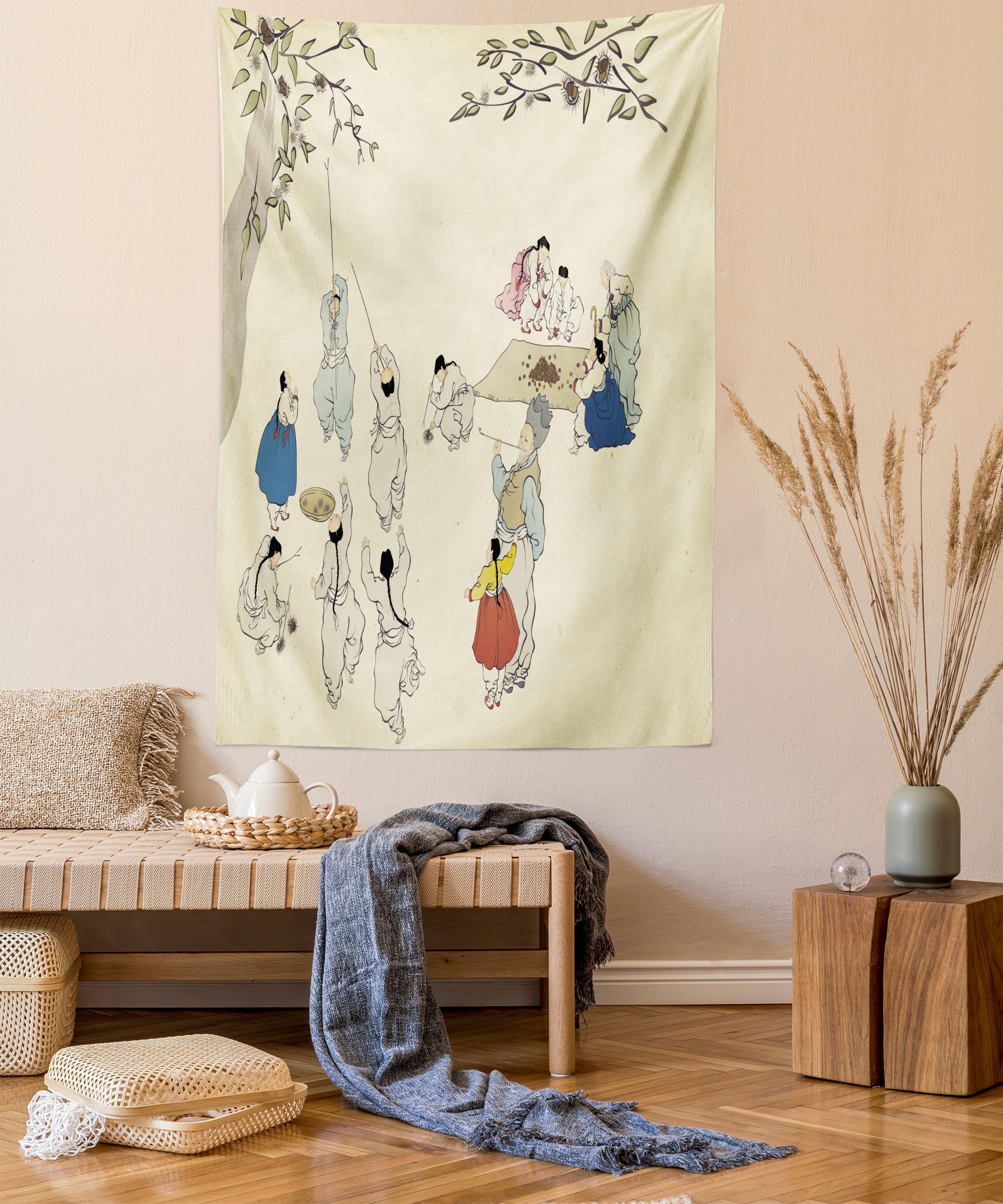 Korean Minhwa Chestnut Tapestry - Autumn Harvest Wall Art for Bedroom & Living Room Decor