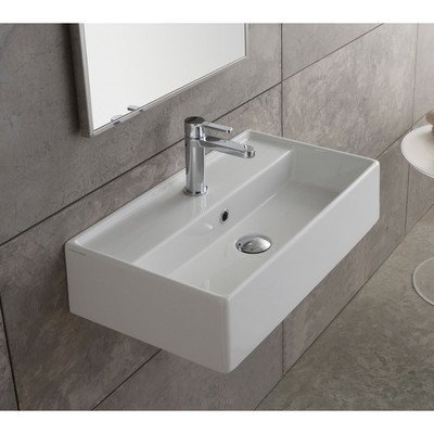 Scarabeo 5002 White Rectangular Ceramic Wall Mounted Vessel Sink - Modern One Hole Bathroom Sink for Powder Room, Guest Bath & Contemporary Home Decor