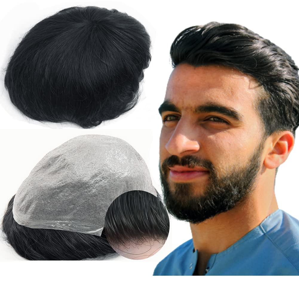 Yanahair Men's Toupee Replacement System - 100% European Real Human Hair, 0.04mm Soft Thin Skin PU V-loop Hairpiece (#1 Jet Black, 8x10