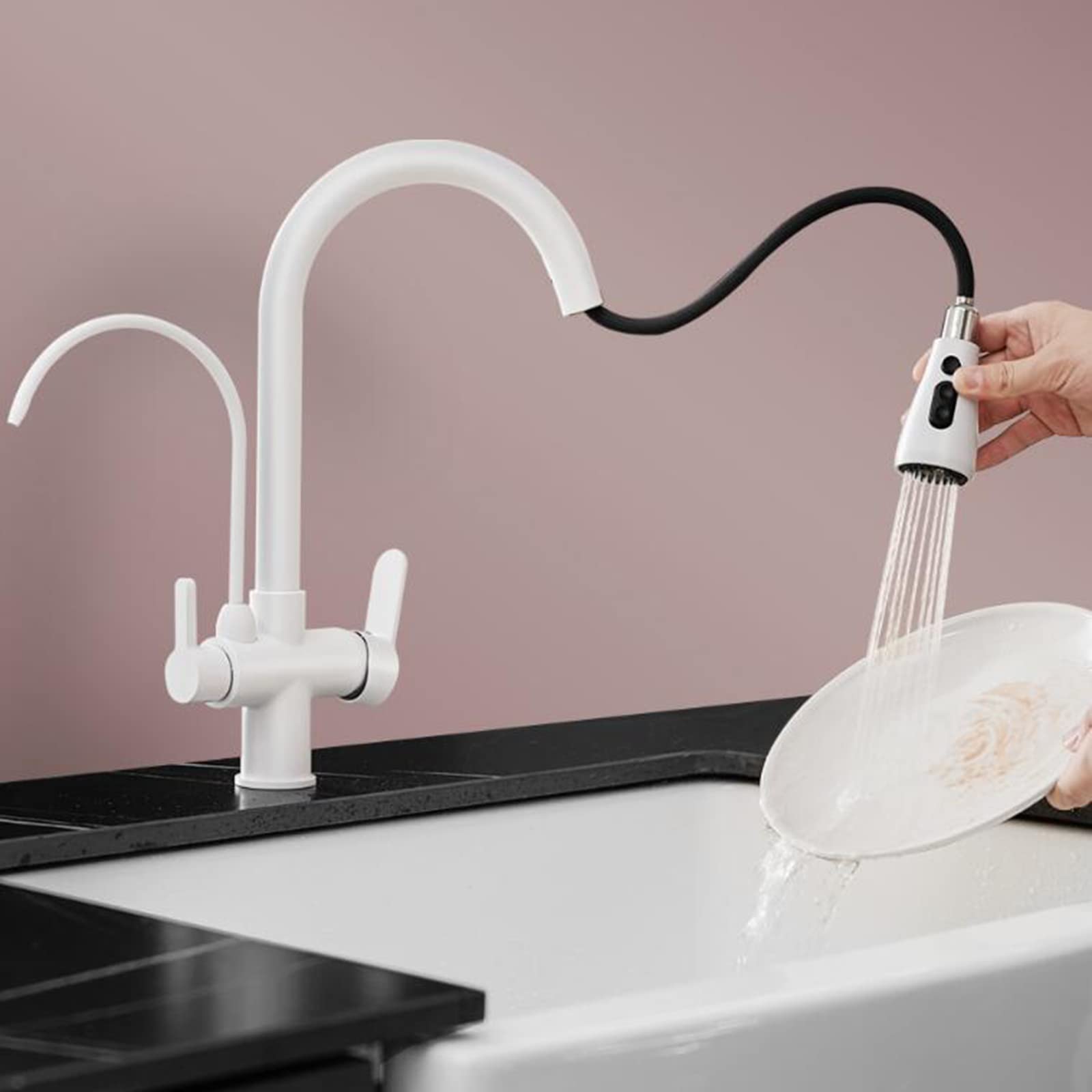 3 in 1 Pull Down Kitchen Faucet with Sprayer - White Brass Telescopic Rotating 3-Way Mixer Tap for Modern Home Kitchen Sink (Ideal for Washing Dishes, Filling Pots & Cleaning Vegetables)
